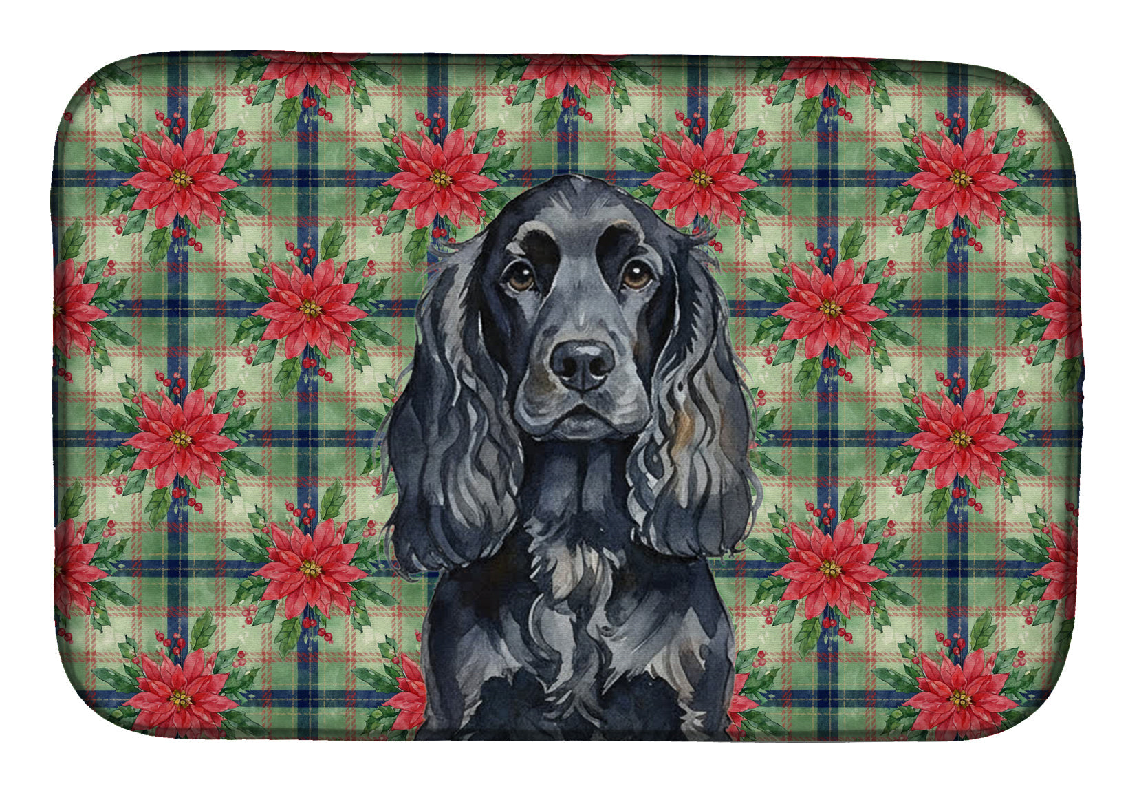 Black English Cocker Spaniel Christmas PoinsettIas Dish Drying Mat Absorbent Dish Drying Mat Pad for Kitchen Counter Dish Drainer Mat for Countertop, 14 x 21", Multicolor