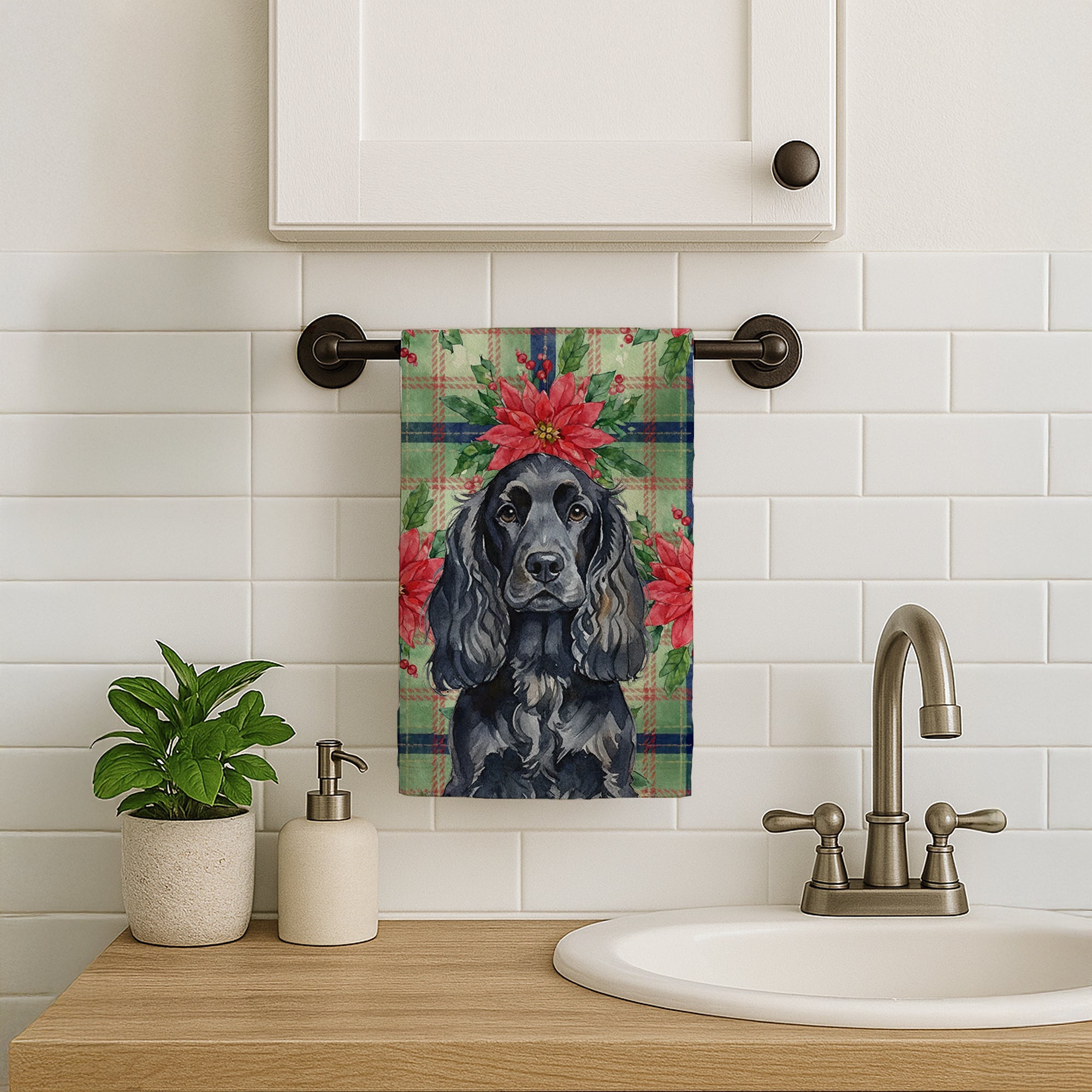 Black English Cocker Spaniel Christmas PoinsettIas Kitchen Towel Velour Plush Front and Cotton Loop Back Machine Washable