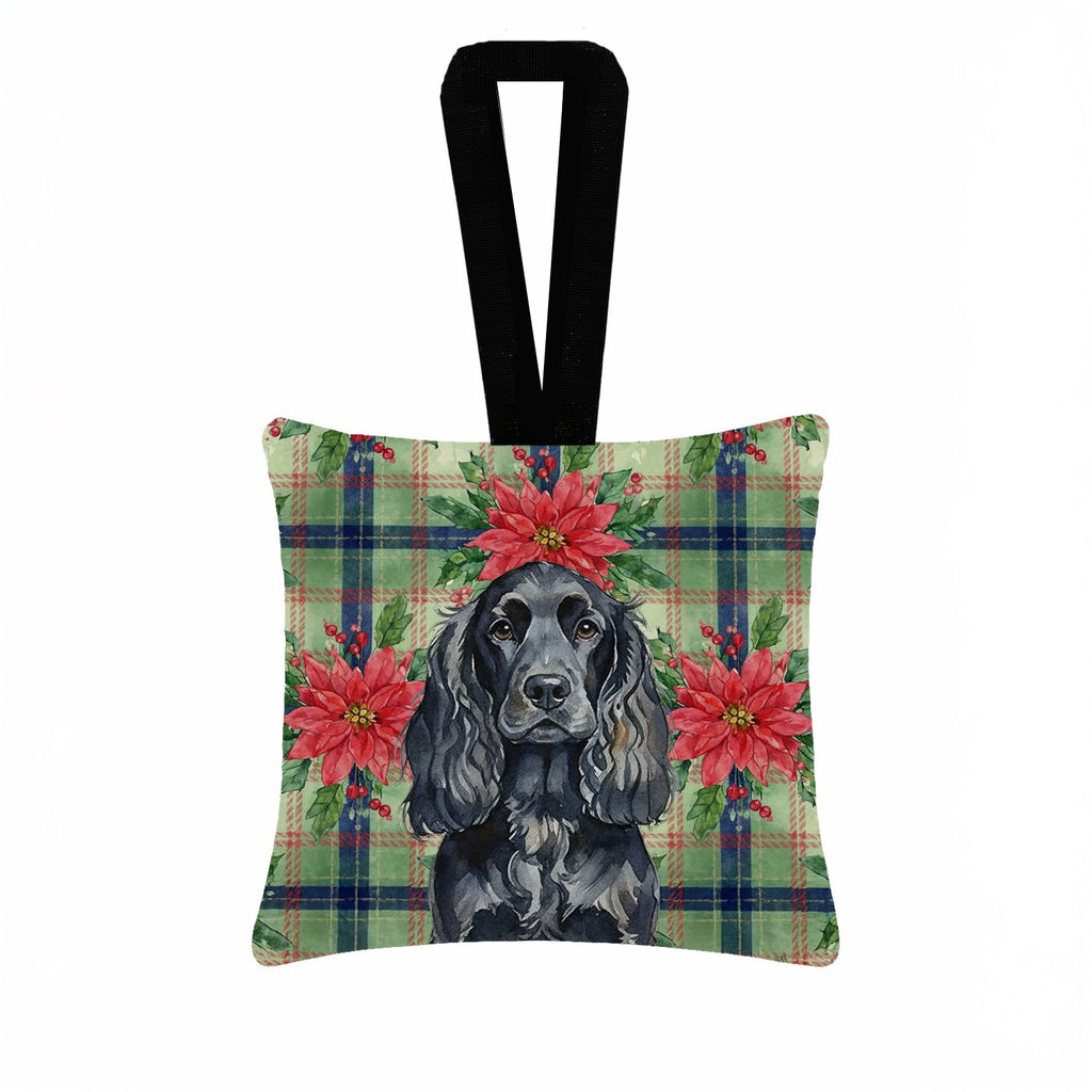 Black English Cocker Spaniel Christmas PoinsettIas Hanging Square Fabric Ornament 3.5 � 3.5 Decorative Door-Knob & Tree Hanger, Soft Fabric