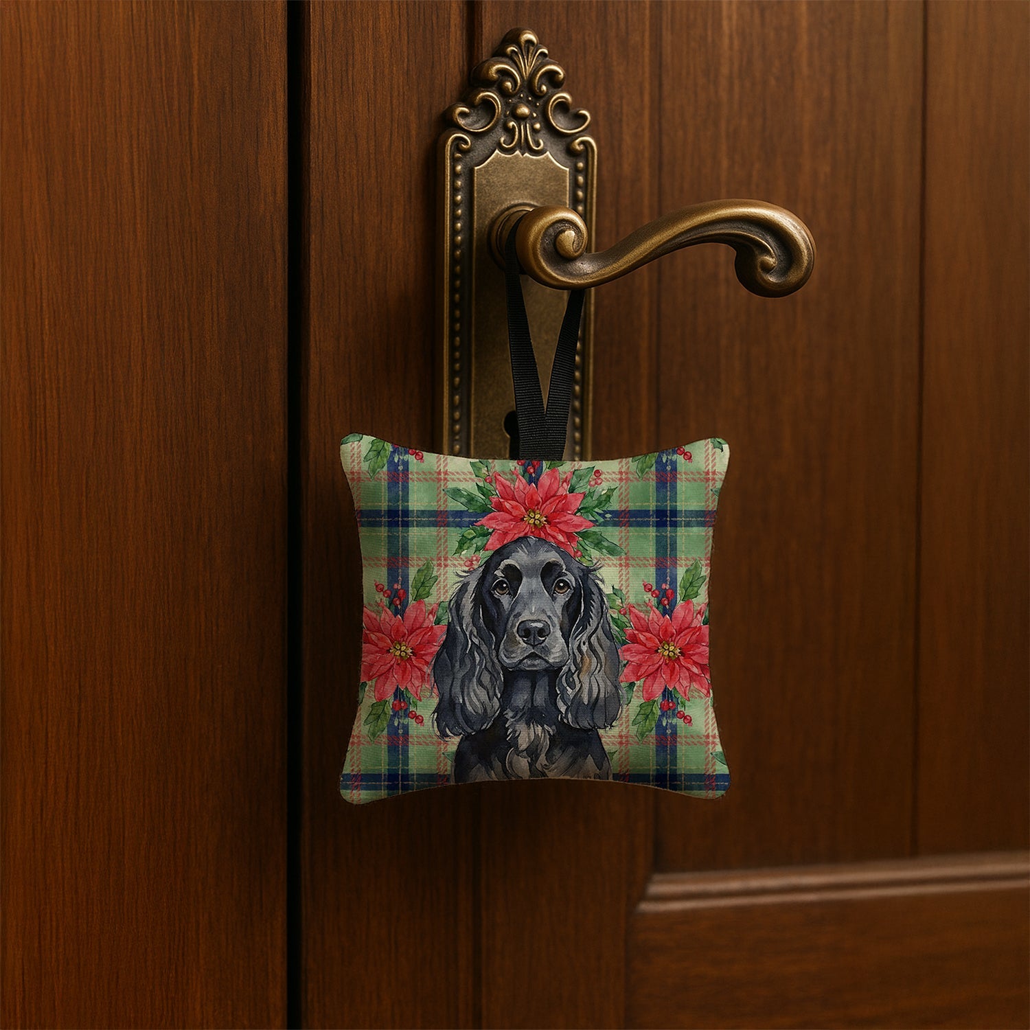 Black English Cocker Spaniel Christmas PoinsettIas Hanging Square Fabric Ornament 3.5 � 3.5 Decorative Door-Knob & Tree Hanger, Soft Fabric