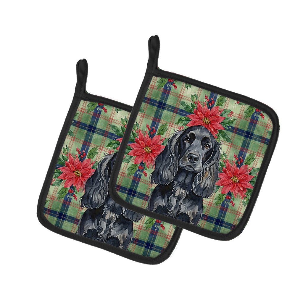 Black English Cocker Spaniel Christmas PoinsettIas Pot Holder Set of 2 Heat Resistant Quilted Hot Pads 7.5 x 7.5 Inch, Insulated Kitchen Trivets for Cooking & Baking