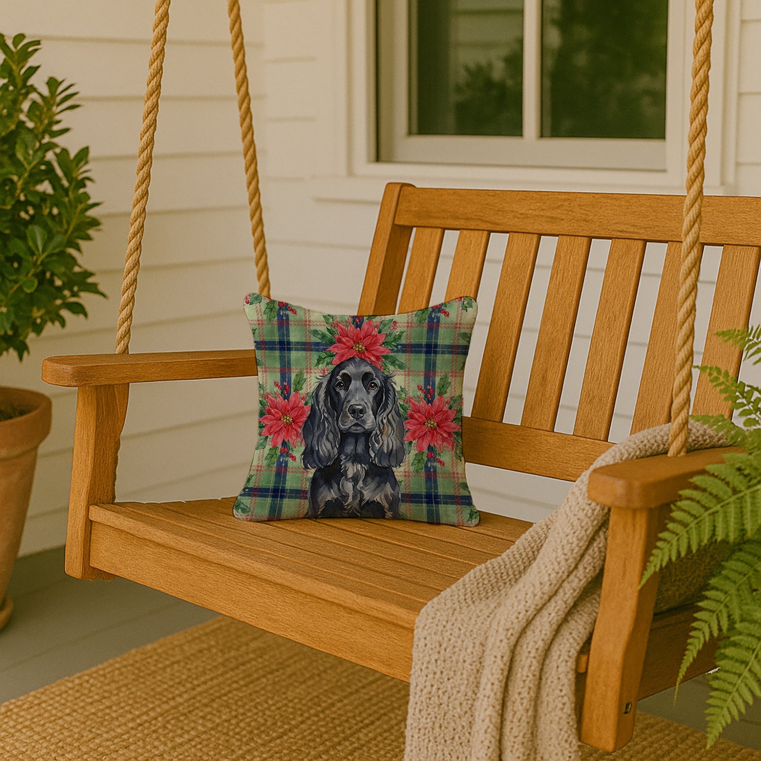 Black English Cocker Spaniel Christmas PoinsettIas Decorative Throw Pillow 14x14 Indoor Outdoor Accent Cushion, Fabric Cover with Insert for Sofa, Bed, Porch & Living Room
