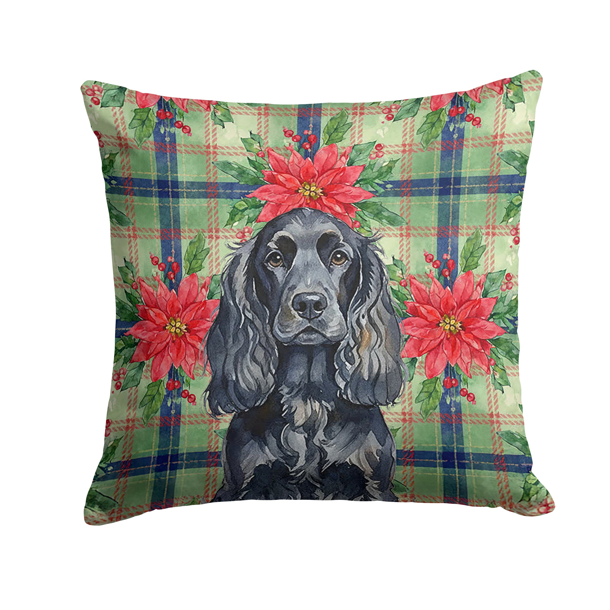 Black English Cocker Spaniel Christmas PoinsettIas Decorative Throw Pillow 18x18 Indoor Outdoor Accent Cushion, Fabric Cover with Insert for Sofa, Bed, Porch & Living Room