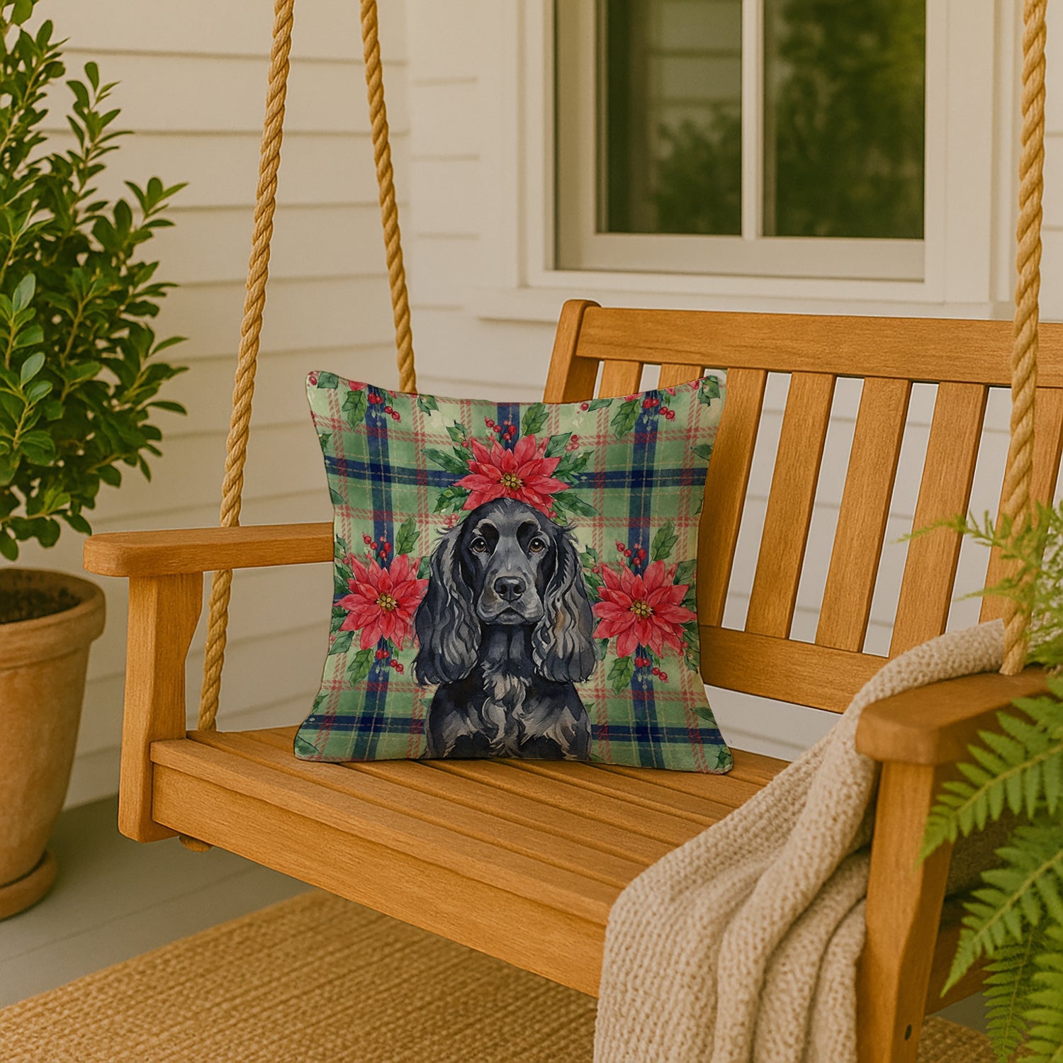 Black English Cocker Spaniel Christmas PoinsettIas Decorative Throw Pillow 18x18 Indoor Outdoor Accent Cushion, Fabric Cover with Insert for Sofa, Bed, Porch & Living Room