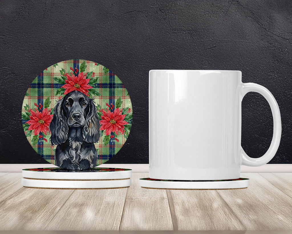 Black English Cocker Spaniel Christmas PoinsettIas Large Sandstone Coasters Pack of 4 Absorbent Round Coasters Decor Gifts for Men or Women, 4 in, Multicolor