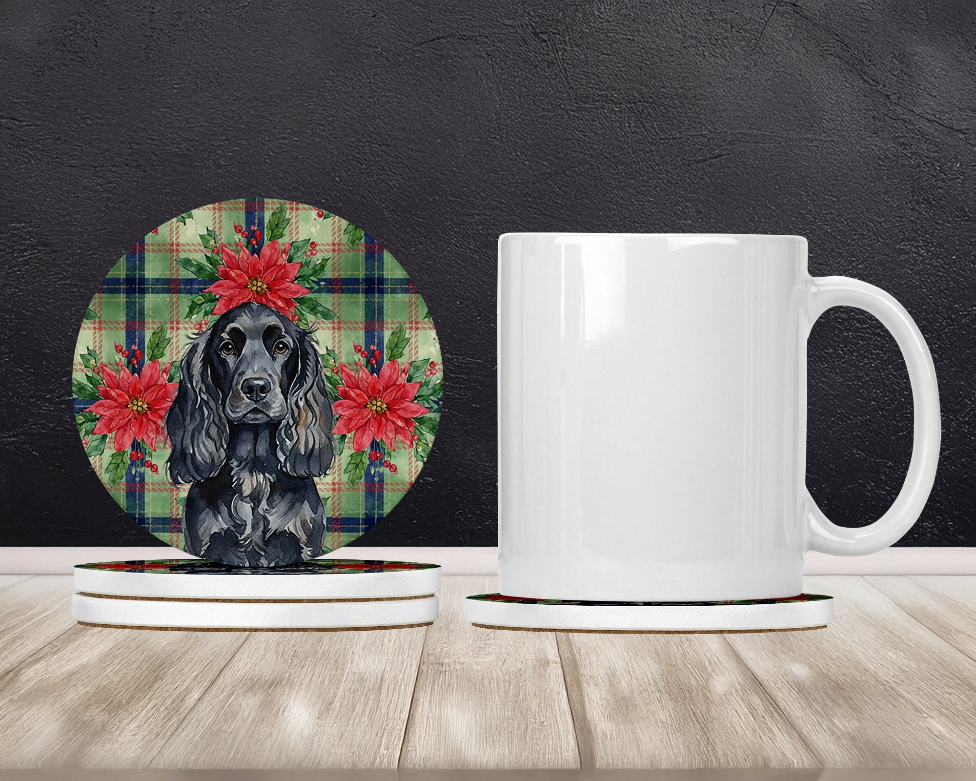 Black English Cocker Spaniel Christmas PoinsettIas Large Sandstone Coasters Pack of 4 Absorbent Round Coasters Decor Gifts for Men or Women, 4 in, Multicolor