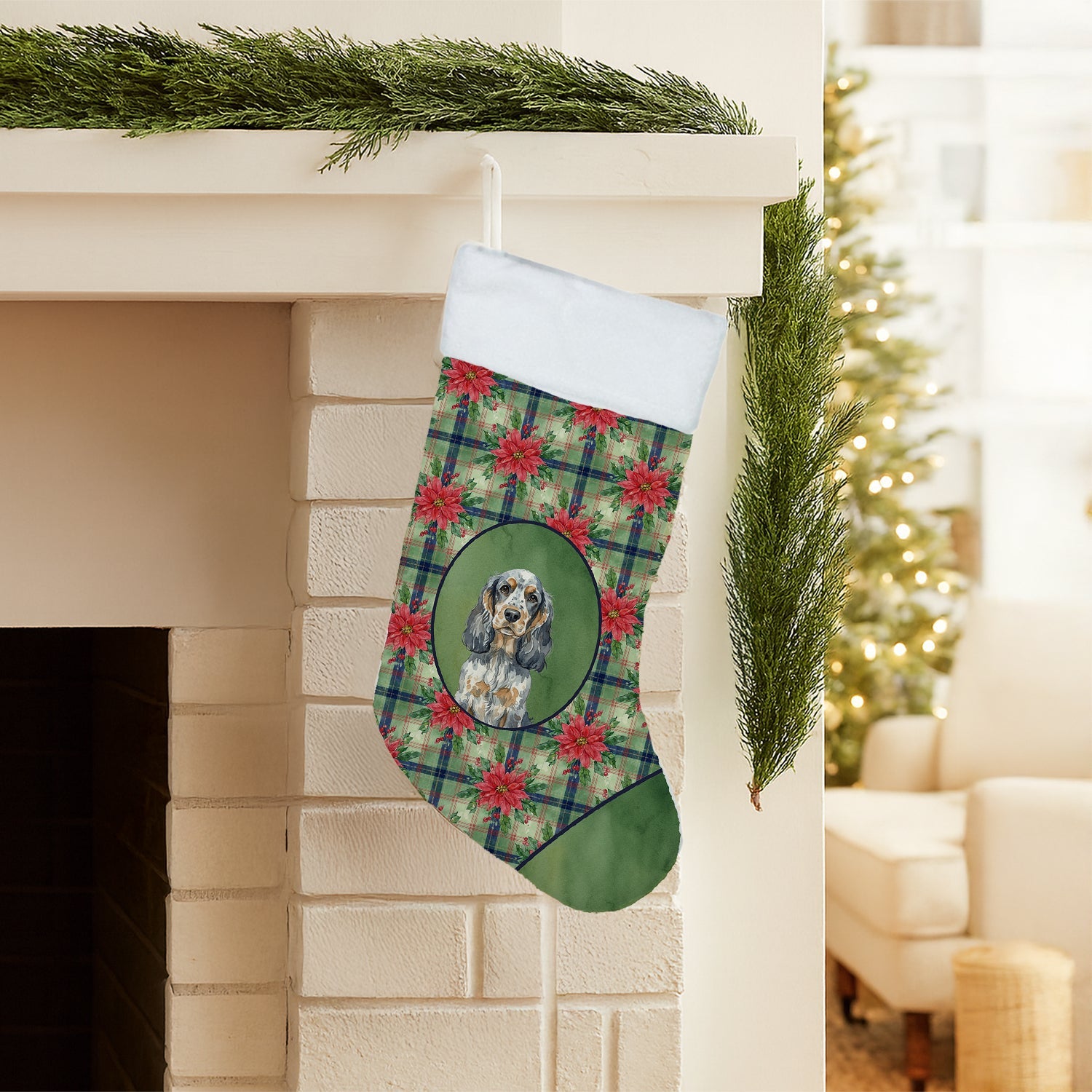 Blue Roan & Tan English Cocker Spaniel Christmas PoinsettIas Holiday Stocking Double-Sided Print, Polyester Suede,11x18, Made in USA