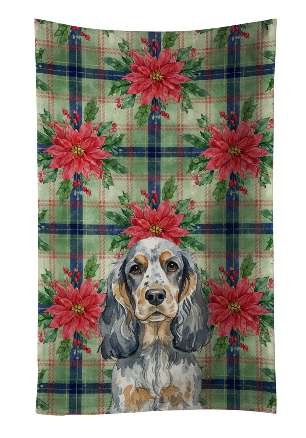 Blue Roan & Tan English Cocker Spaniel Christmas PoinsettIas Kitchen Towel Velour Plush Front and Cotton Loop Back Machine Washable