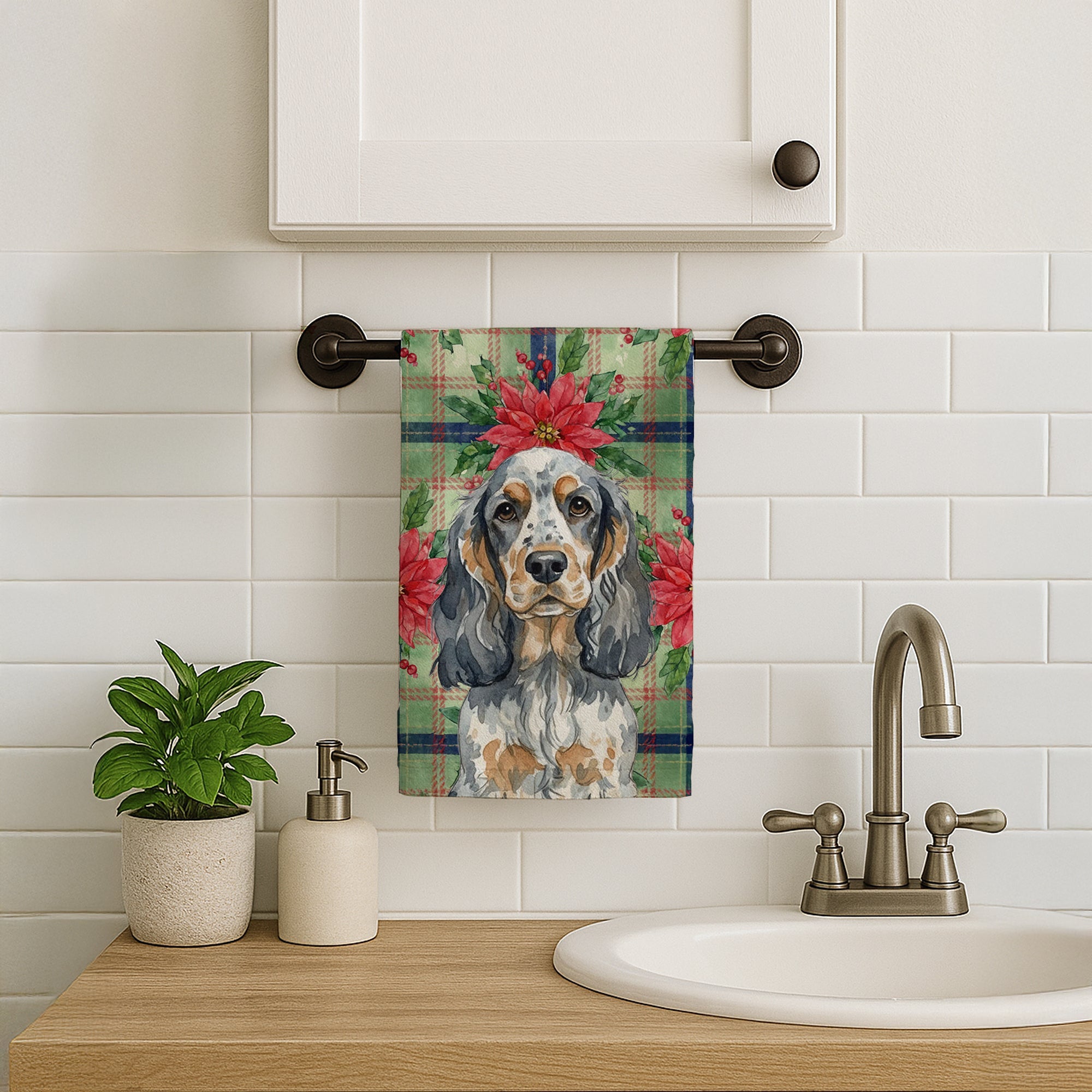 Blue Roan & Tan English Cocker Spaniel Christmas PoinsettIas Kitchen Towel Velour Plush Front and Cotton Loop Back Machine Washable