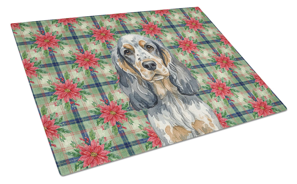Blue Roan & Tan English Cocker Spaniel Christmas PoinsettIas Cutting Board Tempered Glass Kitchen Cutting Surface, Heat Resistant Chopping, Non-Slip Feet, Food Prep & Serving