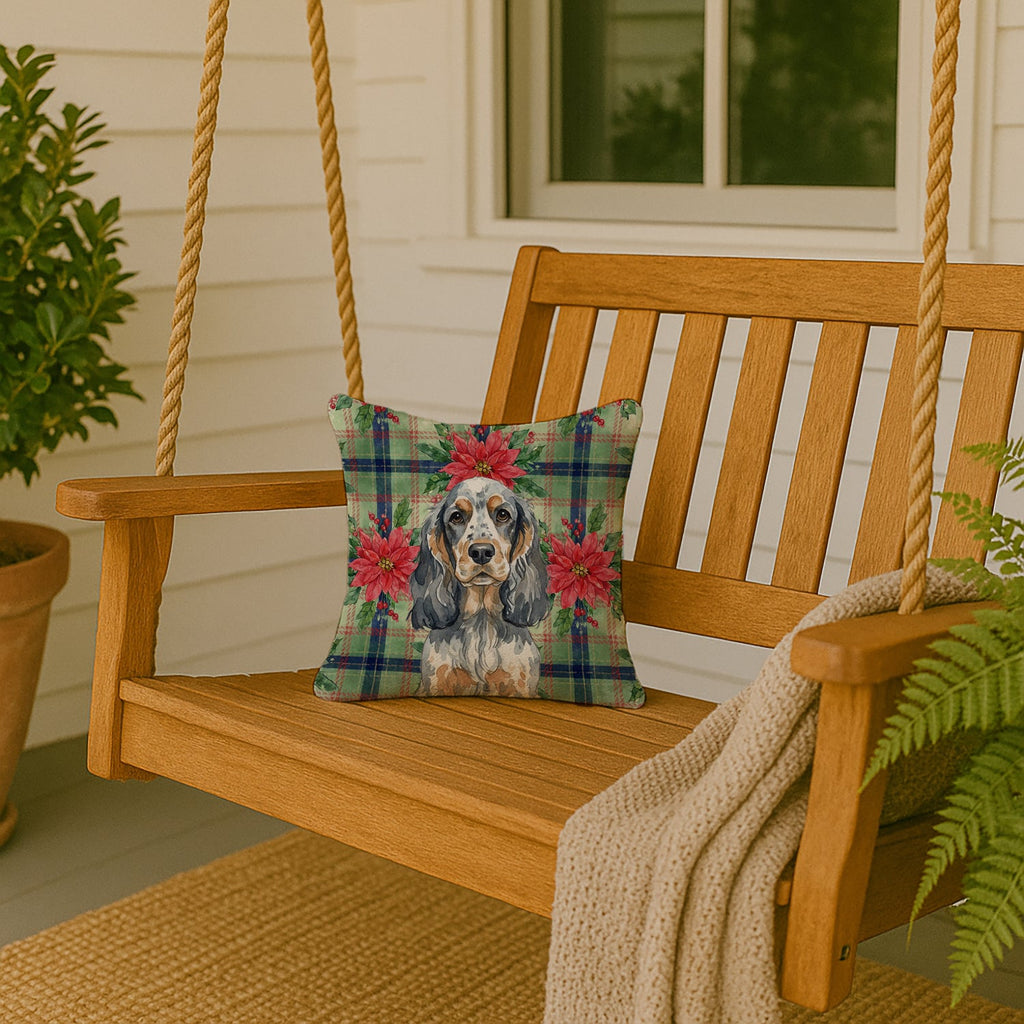 Blue Roan & Tan English Cocker Spaniel Christmas PoinsettIas Decorative Throw Pillow 14x14 Indoor Outdoor Accent Cushion, Fabric Cover with Insert for Sofa, Bed, Porch & Living Room