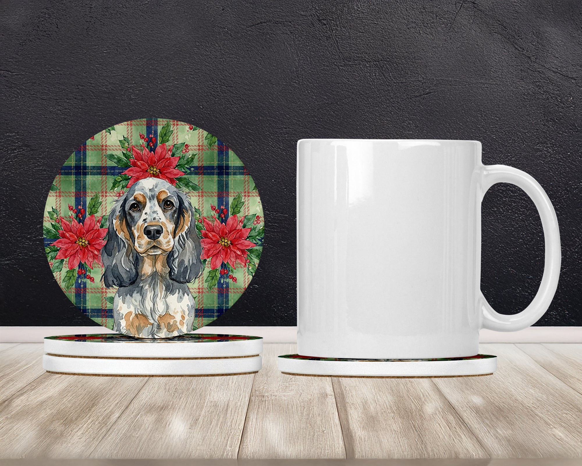 Blue Roan & Tan English Cocker Spaniel Christmas PoinsettIas Large Sandstone Coasters Pack of 4 Absorbent Round Coasters Decor Gifts for Men or Women, 4 in, Multicolor