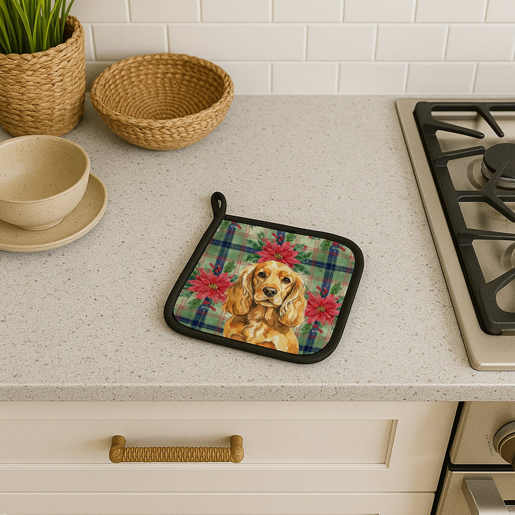 Golden English Cocker Spaniel Christmas PoinsettIas Pot Holder Set of 2 Heat Resistant Quilted Hot Pads 7.5 x 7.5 Inch, Insulated Kitchen Trivets for Cooking & Baking