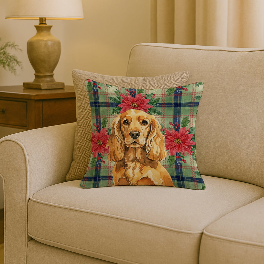 Golden English Cocker Spaniel Christmas PoinsettIas Decorative Throw Pillow 18x18 Indoor Outdoor Accent Cushion, Fabric Cover with Insert for Sofa, Bed, Porch & Living Room