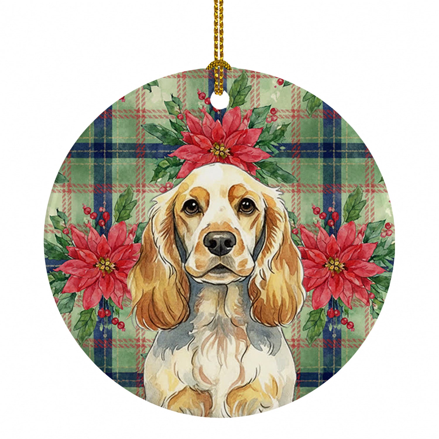Lemon Roan English Cocker Spaniel Christmas PoinsettIas Ceramic Ornament Christmas Tree Hanging Decorations for Home Christmas Holiday, Party, Gift, 3 in, Multicolor