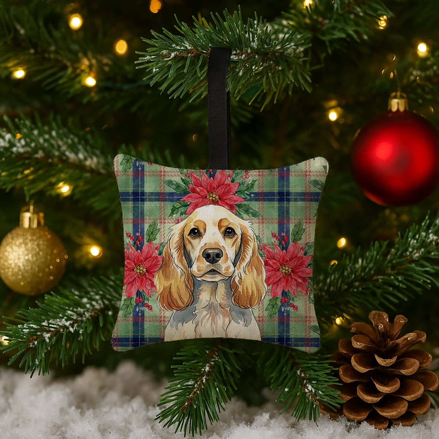 Lemon Roan English Cocker Spaniel Christmas PoinsettIas Hanging Square Fabric Ornament 3.5 � 3.5 Decorative Door-Knob & Tree Hanger, Soft Fabric