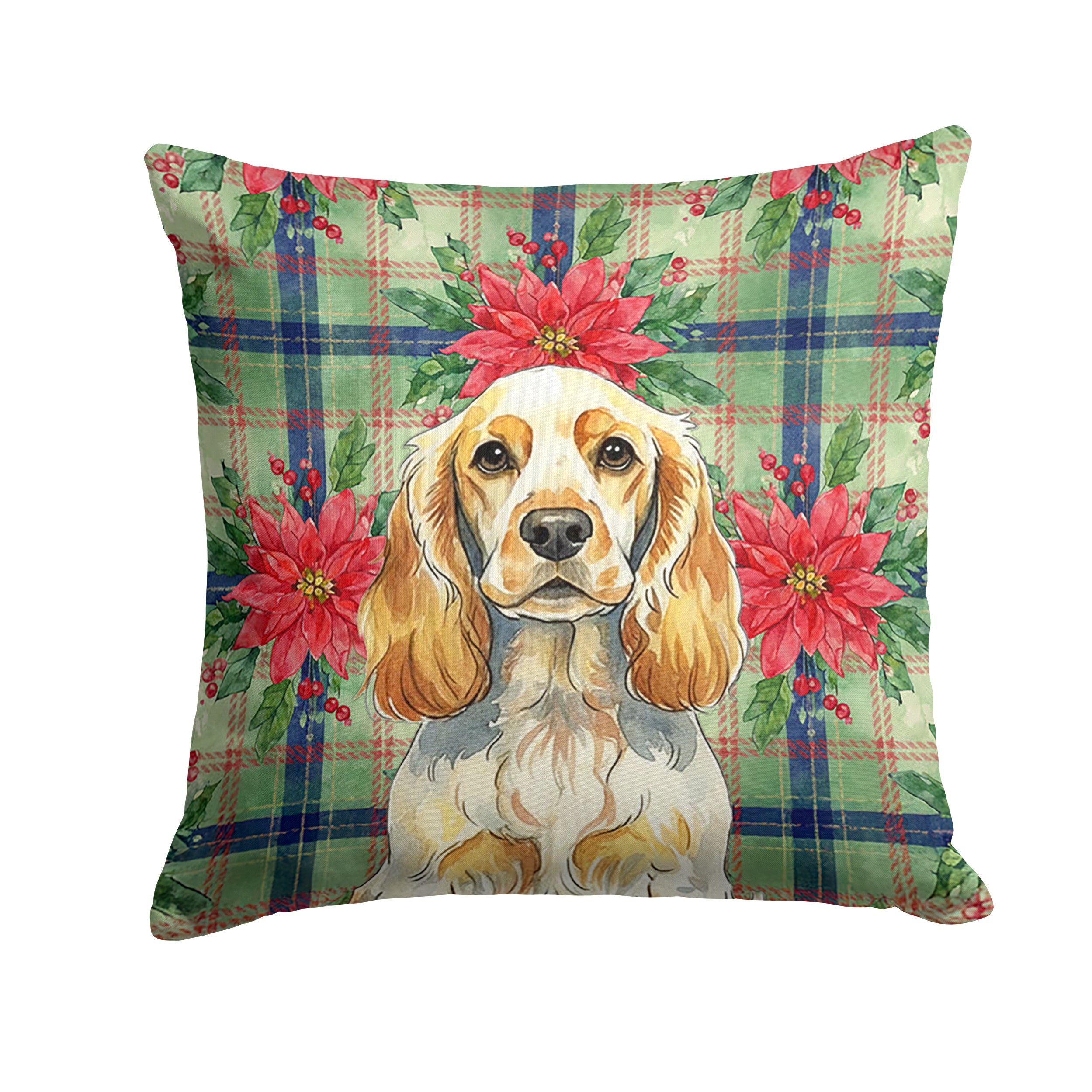 Lemon Roan English Cocker Spaniel Christmas PoinsettIas Decorative Throw Pillow 18x18 Indoor Outdoor Accent Cushion, Fabric Cover with Insert for Sofa, Bed, Porch & Living Room