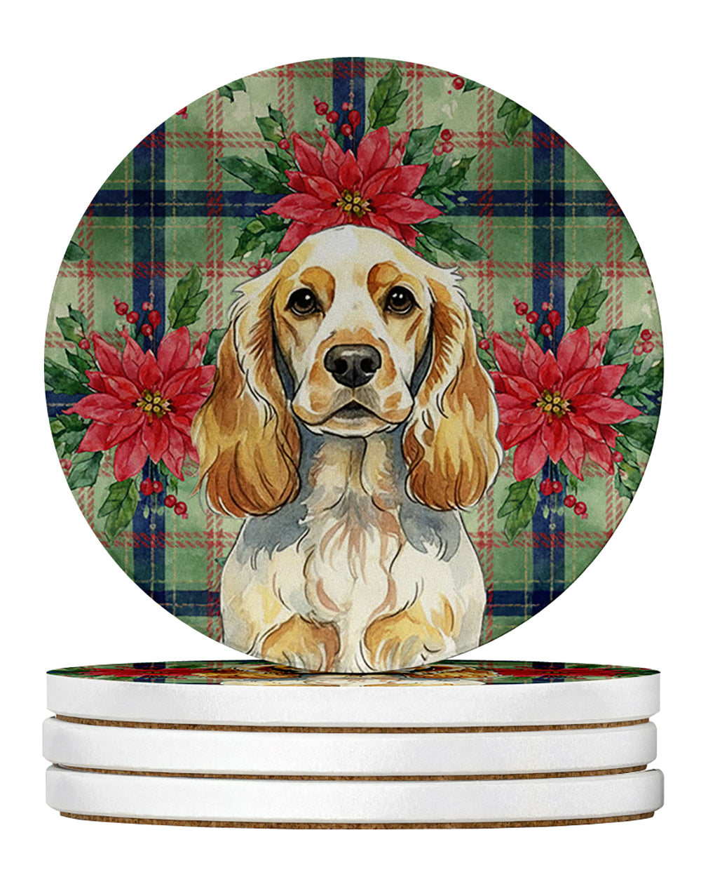 Lemon Roan English Cocker Spaniel Christmas PoinsettIas Large Sandstone Coasters Pack of 4 Absorbent Round Coasters Decor Gifts for Men or Women, 4 in, Multicolor