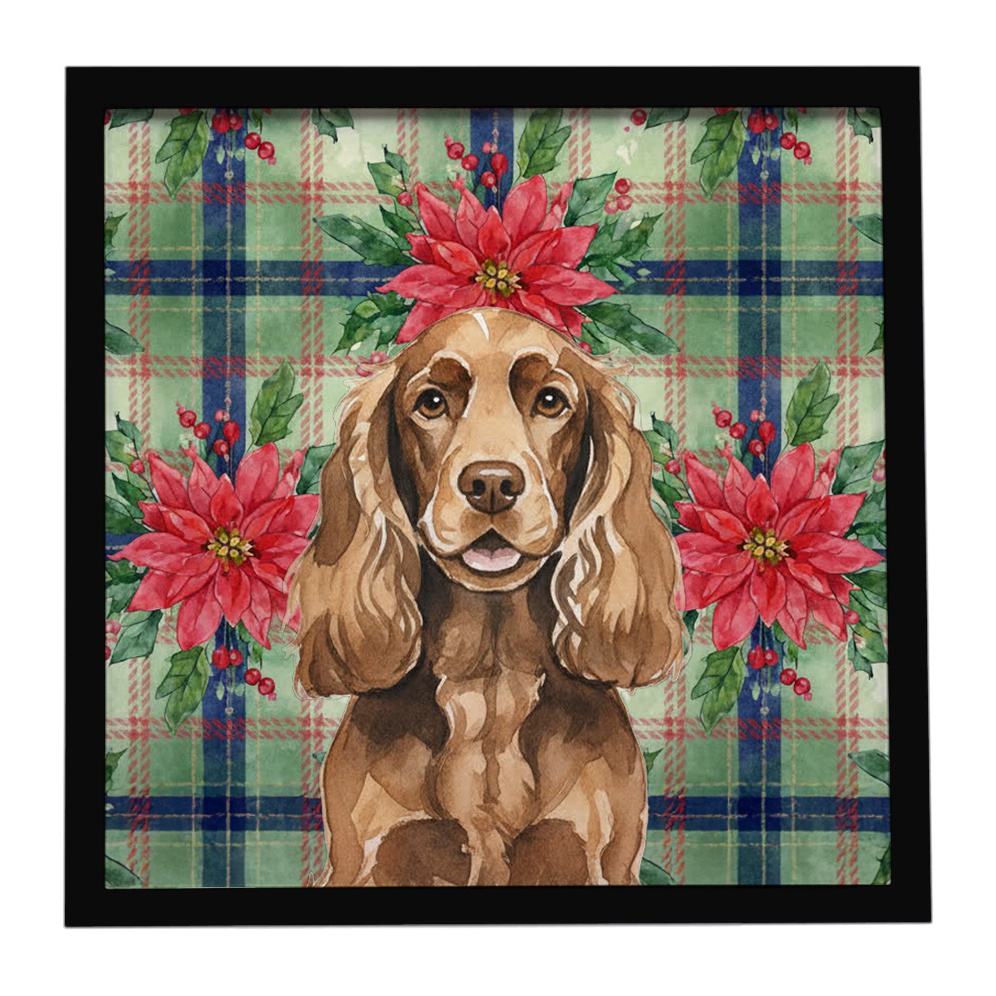 Liver English Cocker Spaniel Christmas PoinsettIas Framed Metal Print Bathroom, Kitchen, Office, Home Decor Wall Art Ready to Hang, Square, 8X8