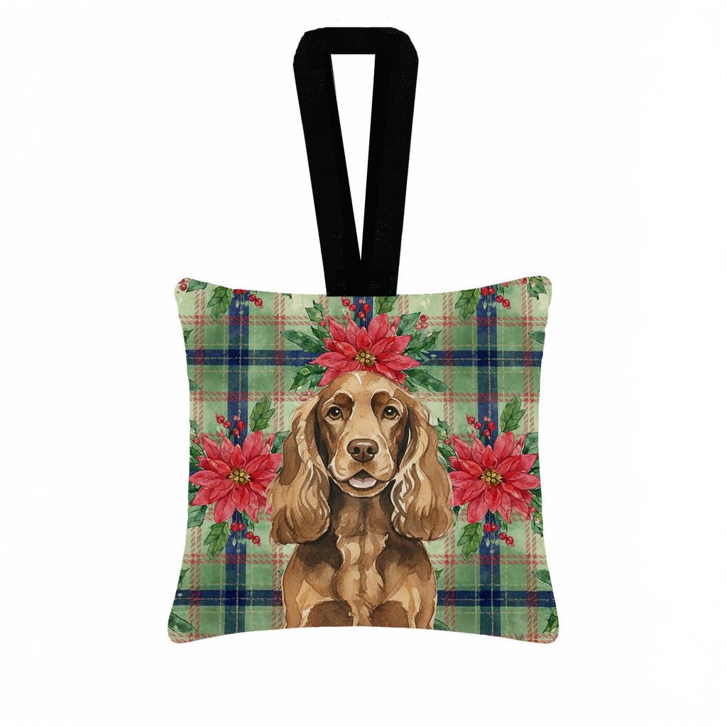 Liver English Cocker Spaniel Christmas PoinsettIas Hanging Square Fabric Ornament 3.5 � 3.5 Decorative Door-Knob & Tree Hanger, Soft Fabric