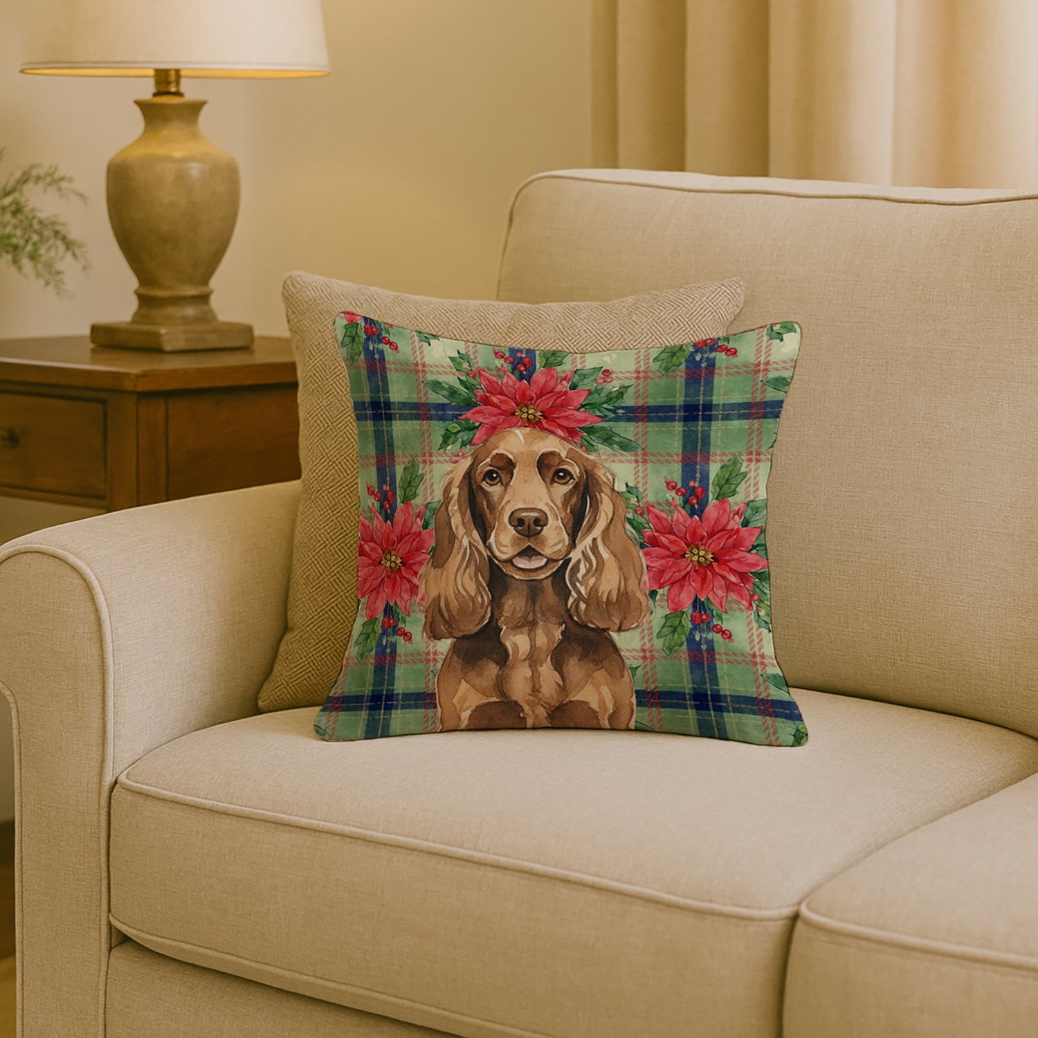 Liver English Cocker Spaniel Christmas PoinsettIas Decorative Throw Pillow 18x18 Indoor Outdoor Accent Cushion, Fabric Cover with Insert for Sofa, Bed, Porch & Living Room