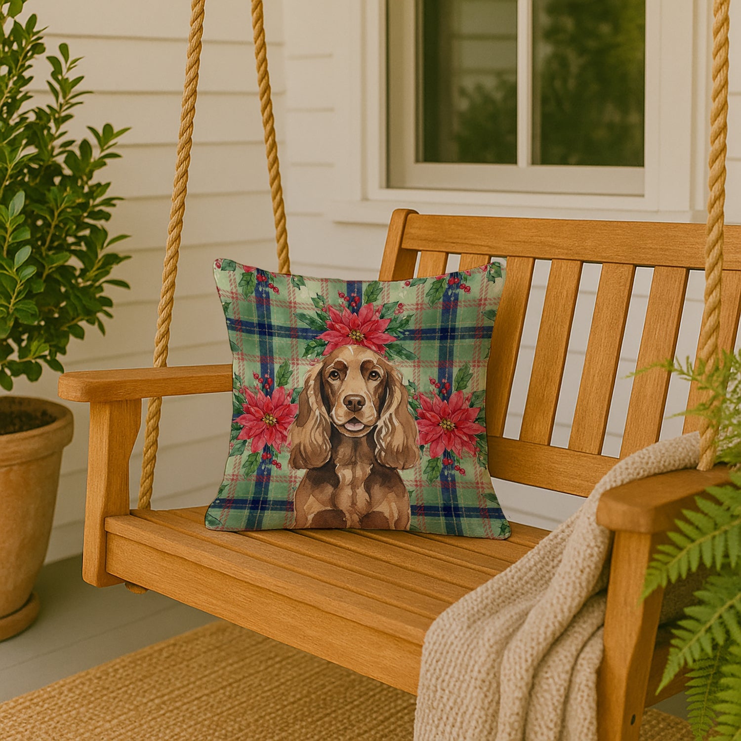 Liver English Cocker Spaniel Christmas PoinsettIas Decorative Throw Pillow 18x18 Indoor Outdoor Accent Cushion, Fabric Cover with Insert for Sofa, Bed, Porch & Living Room