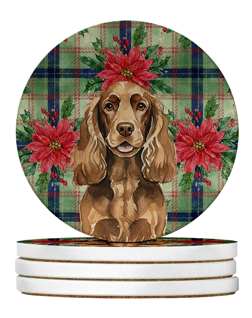 Liver English Cocker Spaniel Christmas PoinsettIas Large Sandstone Coasters Pack of 4 Absorbent Round Coasters Decor Gifts for Men or Women, 4 in, Multicolor