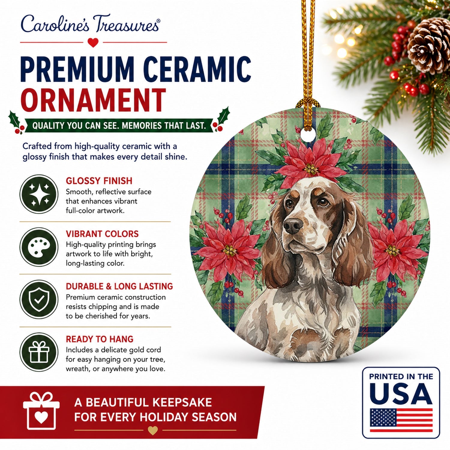 Liver Roan English Cocker Spaniel Christmas PoinsettIas Ceramic Ornament Christmas Tree Hanging Decorations for Home Christmas Holiday, Party, Gift, 3 in, Multicolor