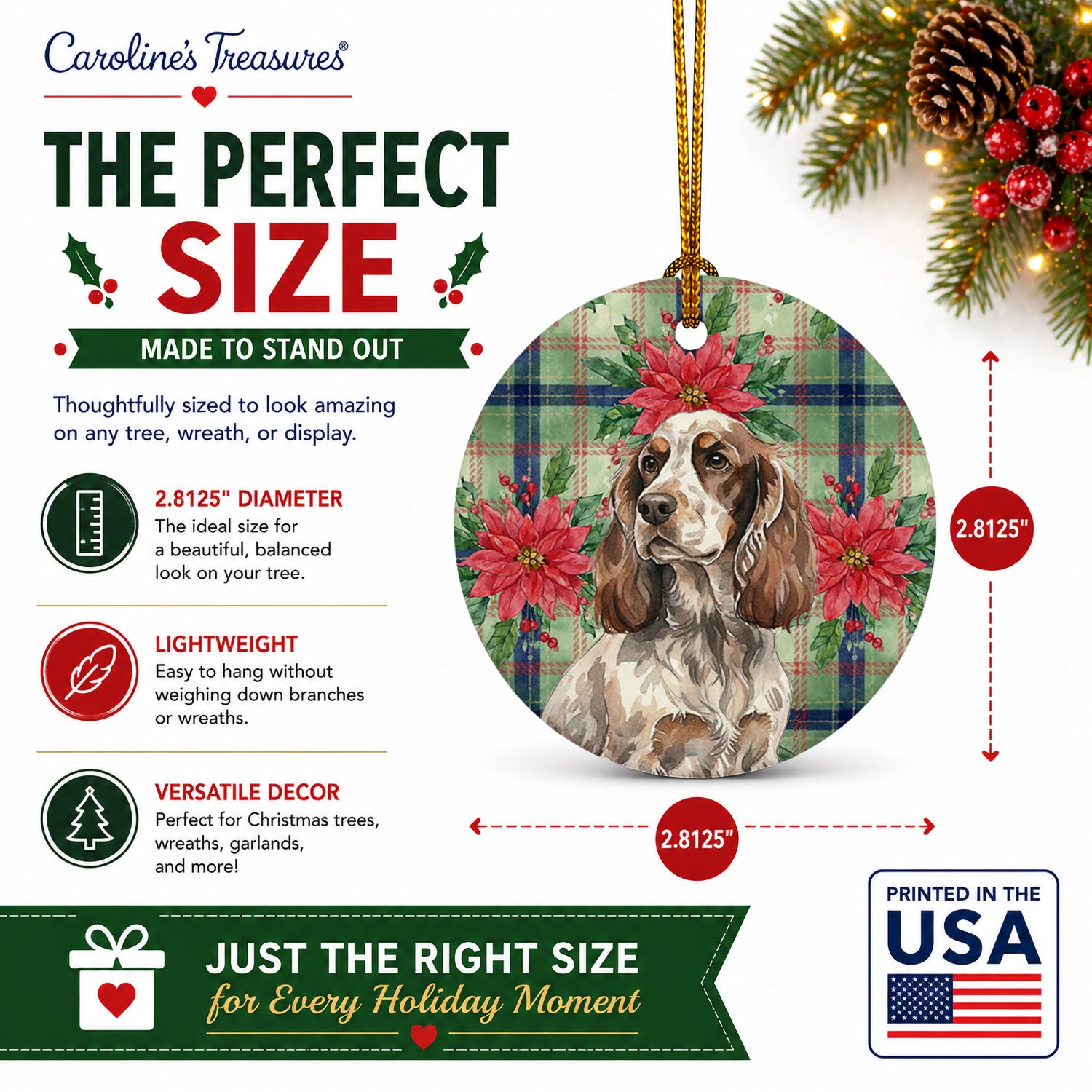 Liver Roan English Cocker Spaniel Christmas PoinsettIas Ceramic Ornament Christmas Tree Hanging Decorations for Home Christmas Holiday, Party, Gift, 3 in, Multicolor