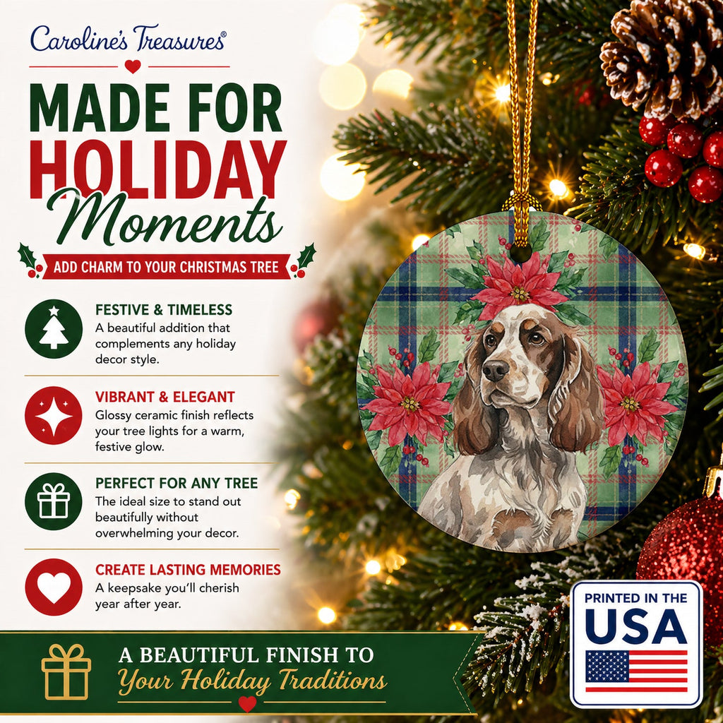 Liver Roan English Cocker Spaniel Christmas PoinsettIas Ceramic Ornament Christmas Tree Hanging Decorations for Home Christmas Holiday, Party, Gift, 3 in, Multicolor