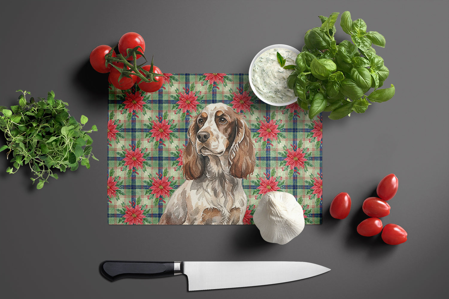 Liver Roan English Cocker Spaniel Christmas PoinsettIas Cutting Board Tempered Glass Kitchen Cutting Surface, Heat Resistant Chopping, Non-Slip Feet, Food Prep & Serving
