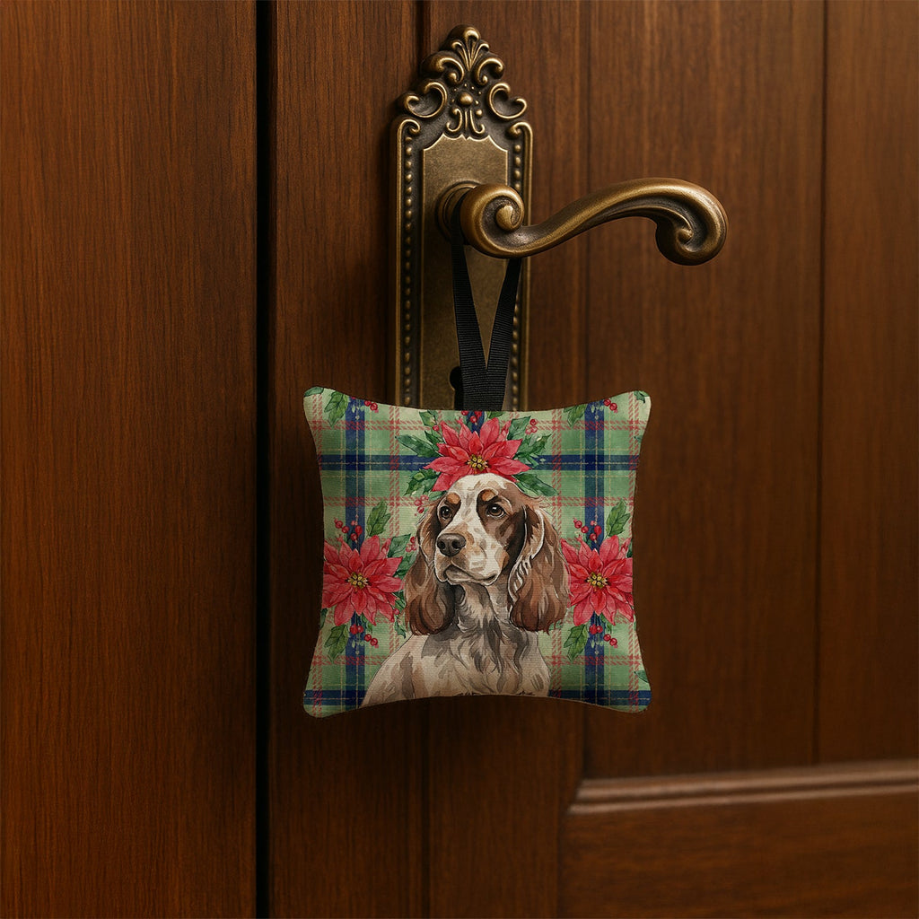Liver Roan English Cocker Spaniel Christmas PoinsettIas Hanging Square Fabric Ornament 3.5 � 3.5 Decorative Door-Knob & Tree Hanger, Soft Fabric