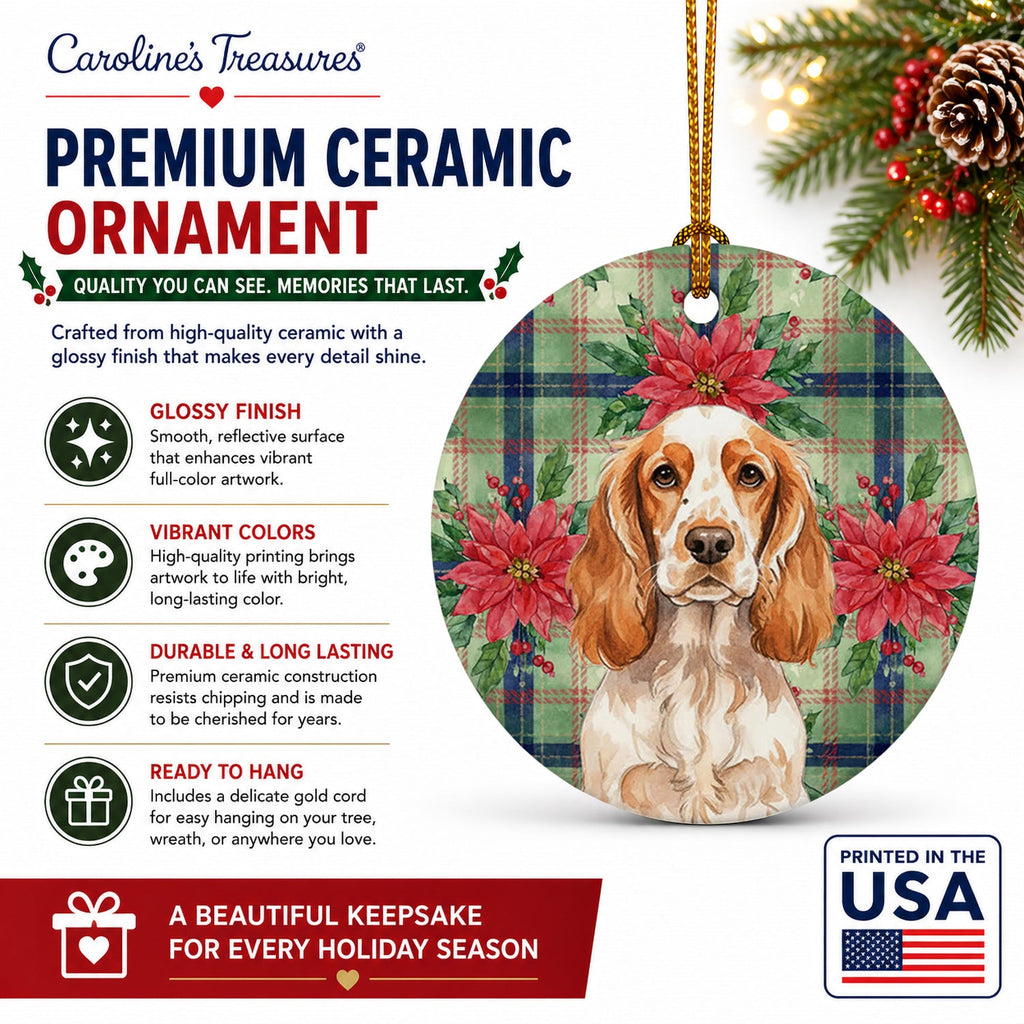 Orange Roan English Cocker Spaniel Christmas PoinsettIas Ceramic Ornament Christmas Tree Hanging Decorations for Home Christmas Holiday, Party, Gift, 3 in, Multicolor