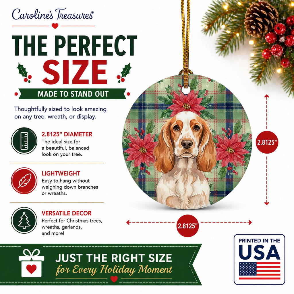 Orange Roan English Cocker Spaniel Christmas PoinsettIas Ceramic Ornament Christmas Tree Hanging Decorations for Home Christmas Holiday, Party, Gift, 3 in, Multicolor