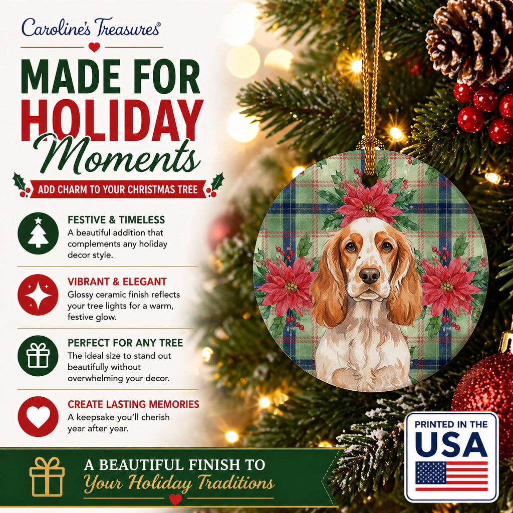 Orange Roan English Cocker Spaniel Christmas PoinsettIas Ceramic Ornament Christmas Tree Hanging Decorations for Home Christmas Holiday, Party, Gift, 3 in, Multicolor