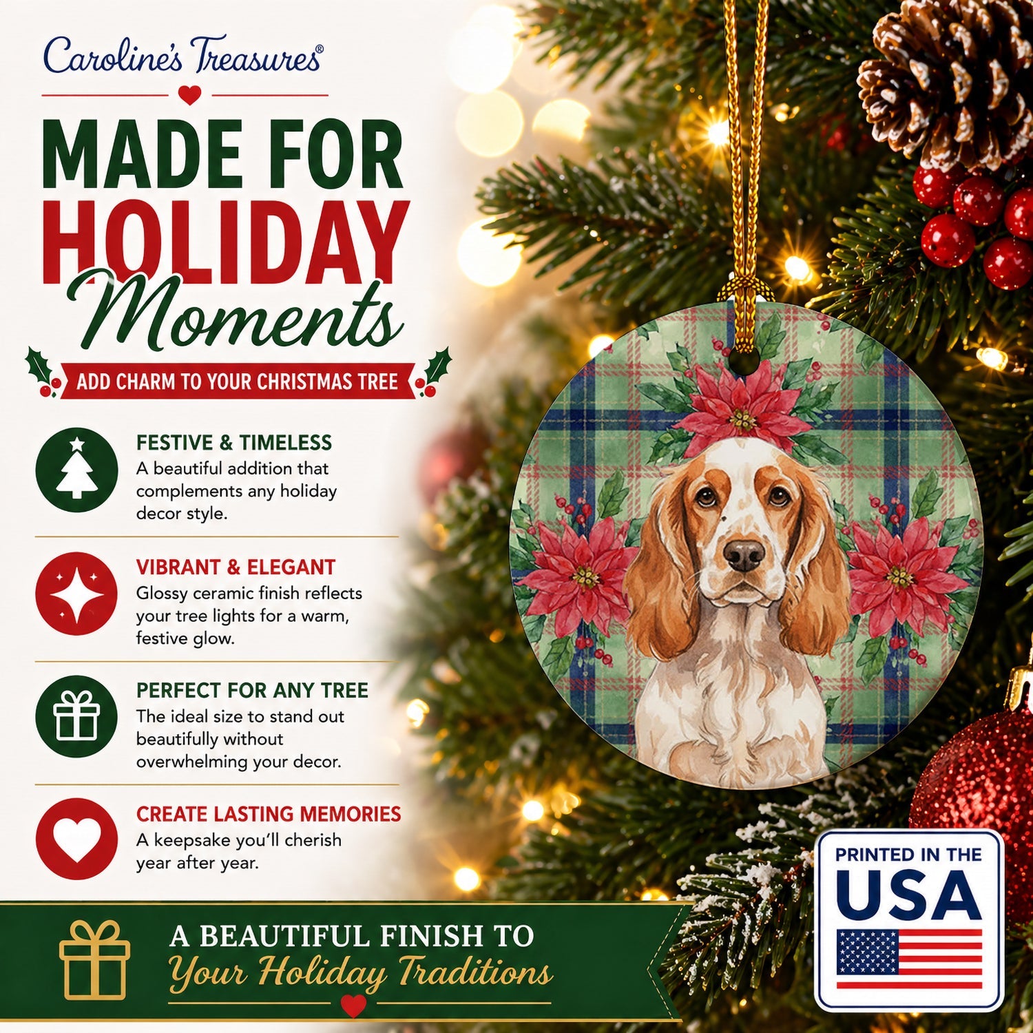 Orange Roan English Cocker Spaniel Christmas PoinsettIas Ceramic Ornament Christmas Tree Hanging Decorations for Home Christmas Holiday, Party, Gift, 3 in, Multicolor
