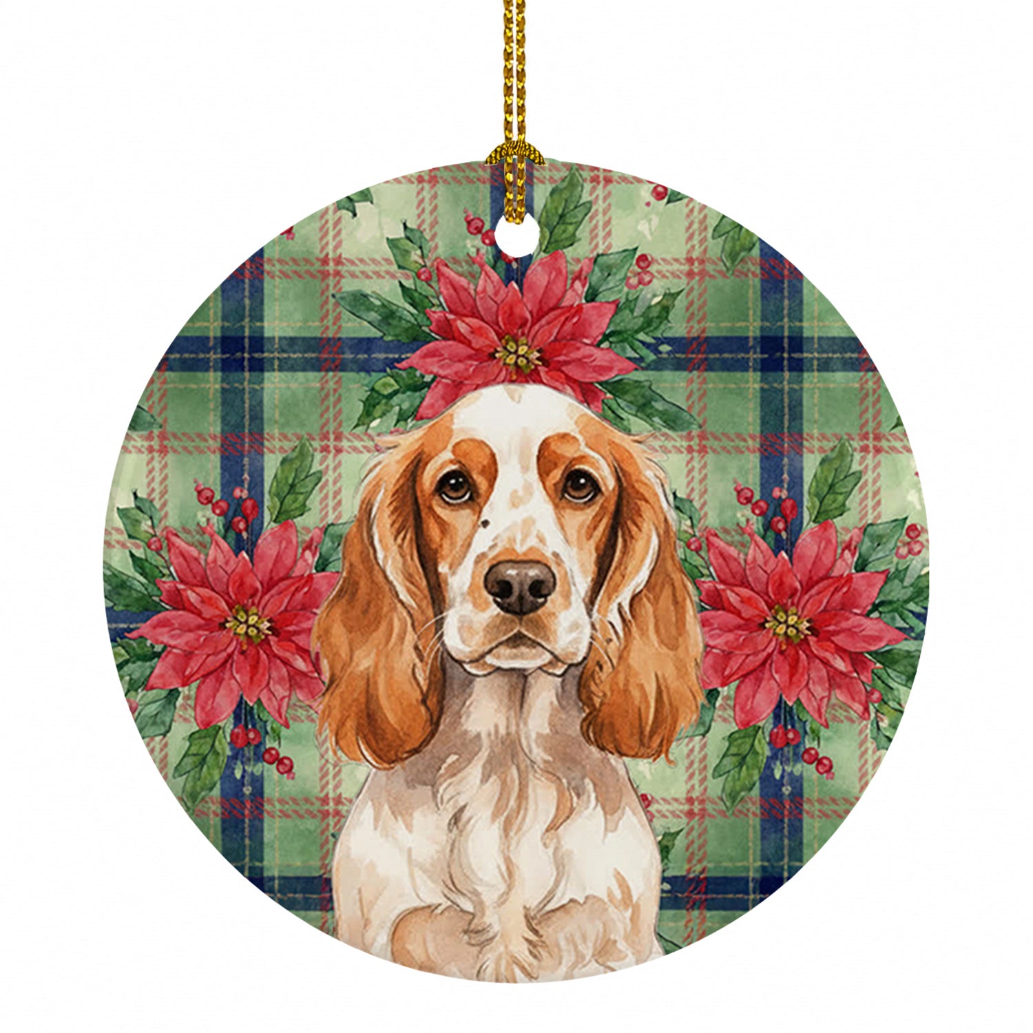 Orange Roan English Cocker Spaniel Christmas PoinsettIas Ceramic Ornament Christmas Tree Hanging Decorations for Home Christmas Holiday, Party, Gift, 3 in, Multicolor
