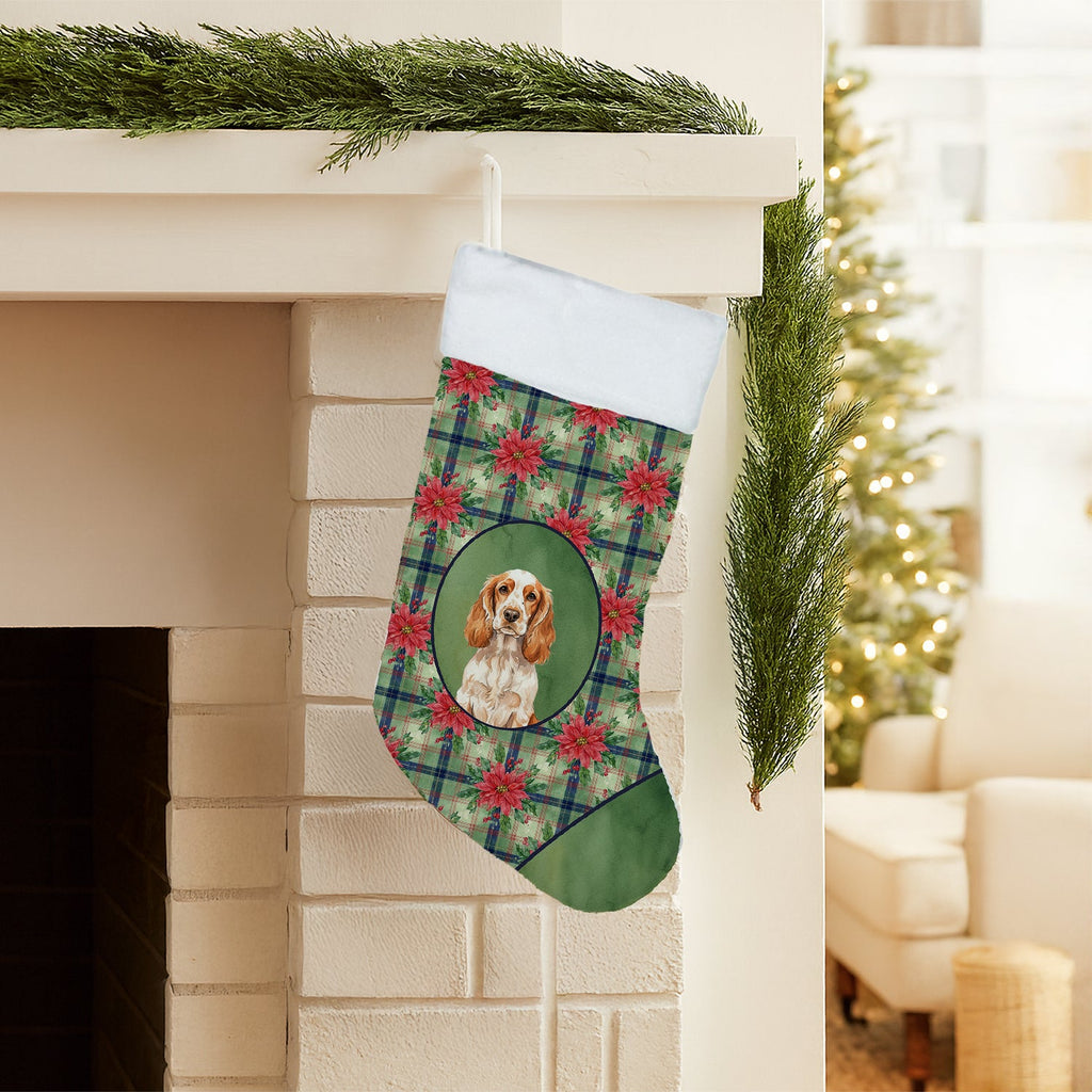 Orange Roan English Cocker Spaniel Christmas PoinsettIas Holiday Stocking Double-Sided Print, Polyester Suede,11x18, Made in USA