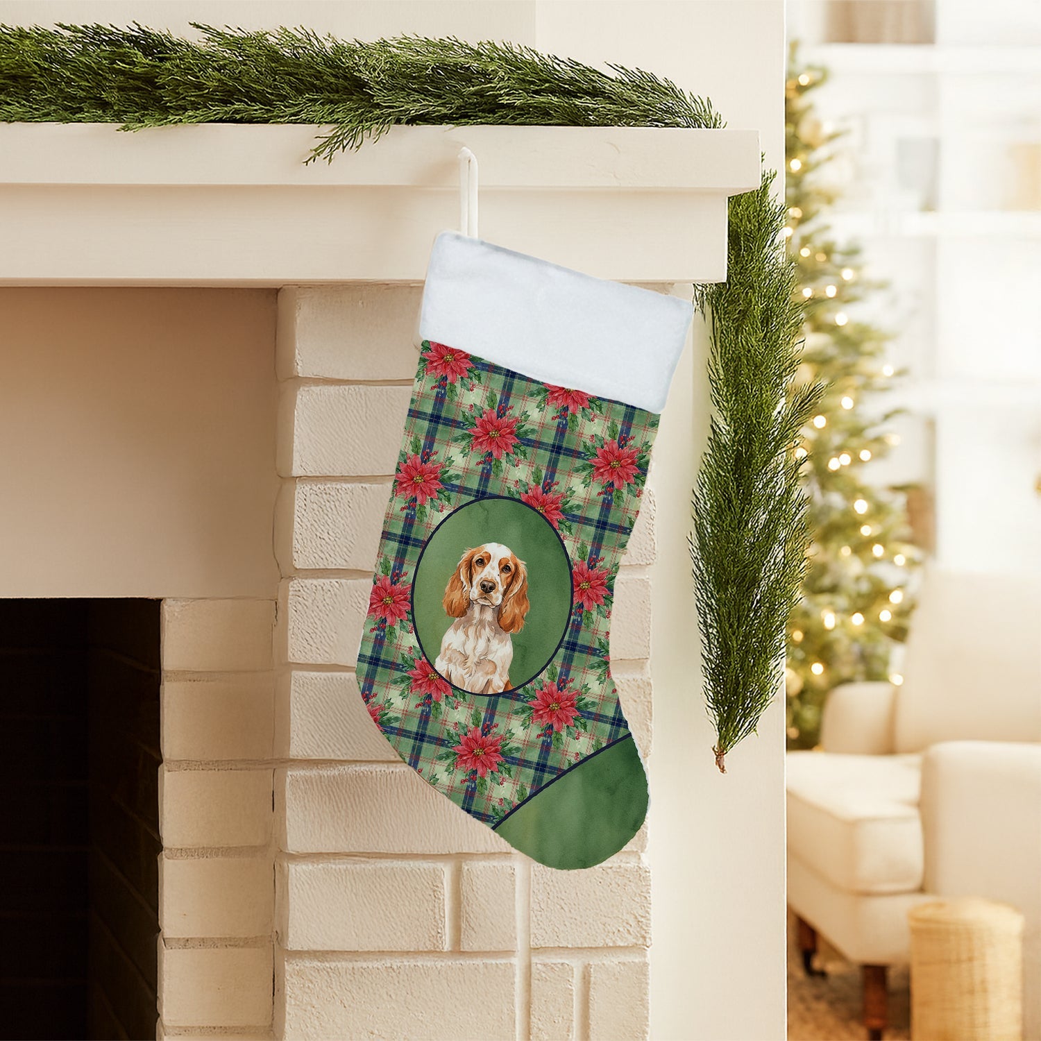 Orange Roan English Cocker Spaniel Christmas PoinsettIas Holiday Stocking Double-Sided Print, Polyester Suede,11x18, Made in USA