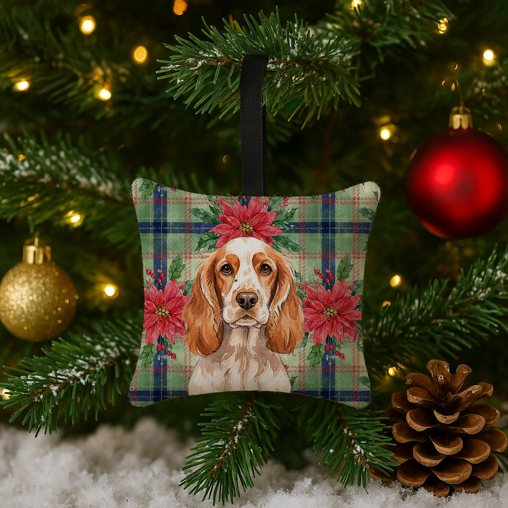 Orange Roan English Cocker Spaniel Christmas PoinsettIas Hanging Square Fabric Ornament 3.5 � 3.5 Decorative Door-Knob & Tree Hanger, Soft Fabric
