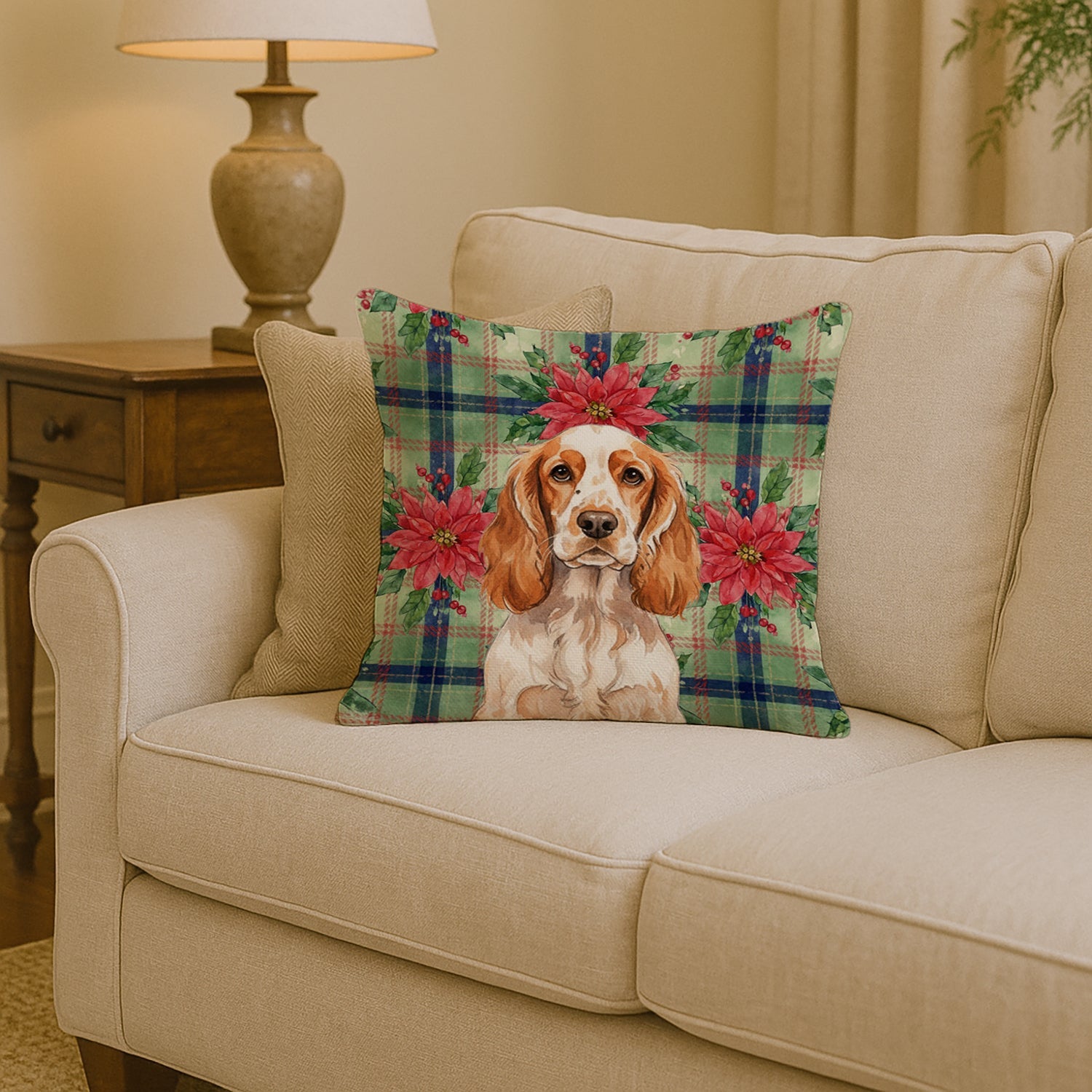 Orange Roan English Cocker Spaniel Christmas PoinsettIas Decorative Throw Pillow 14x14 Indoor Outdoor Accent Cushion, Fabric Cover with Insert for Sofa, Bed, Porch & Living Room