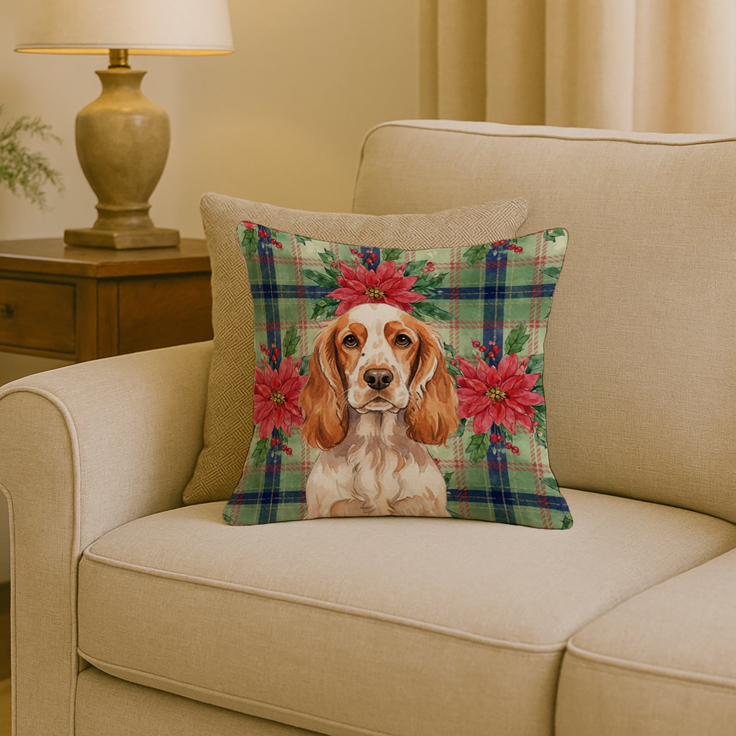 Orange Roan English Cocker Spaniel Christmas PoinsettIas Decorative Throw Pillow 18x18 Indoor Outdoor Accent Cushion, Fabric Cover with Insert for Sofa, Bed, Porch & Living Room
