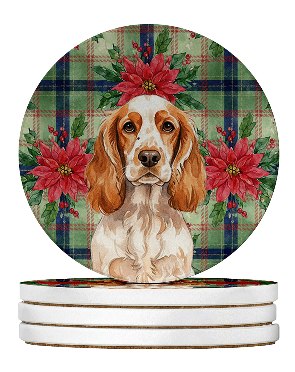 Orange Roan English Cocker Spaniel Christmas PoinsettIas Large Sandstone Coasters Pack of 4 Absorbent Round Coasters Decor Gifts for Men or Women, 4 in, Multicolor