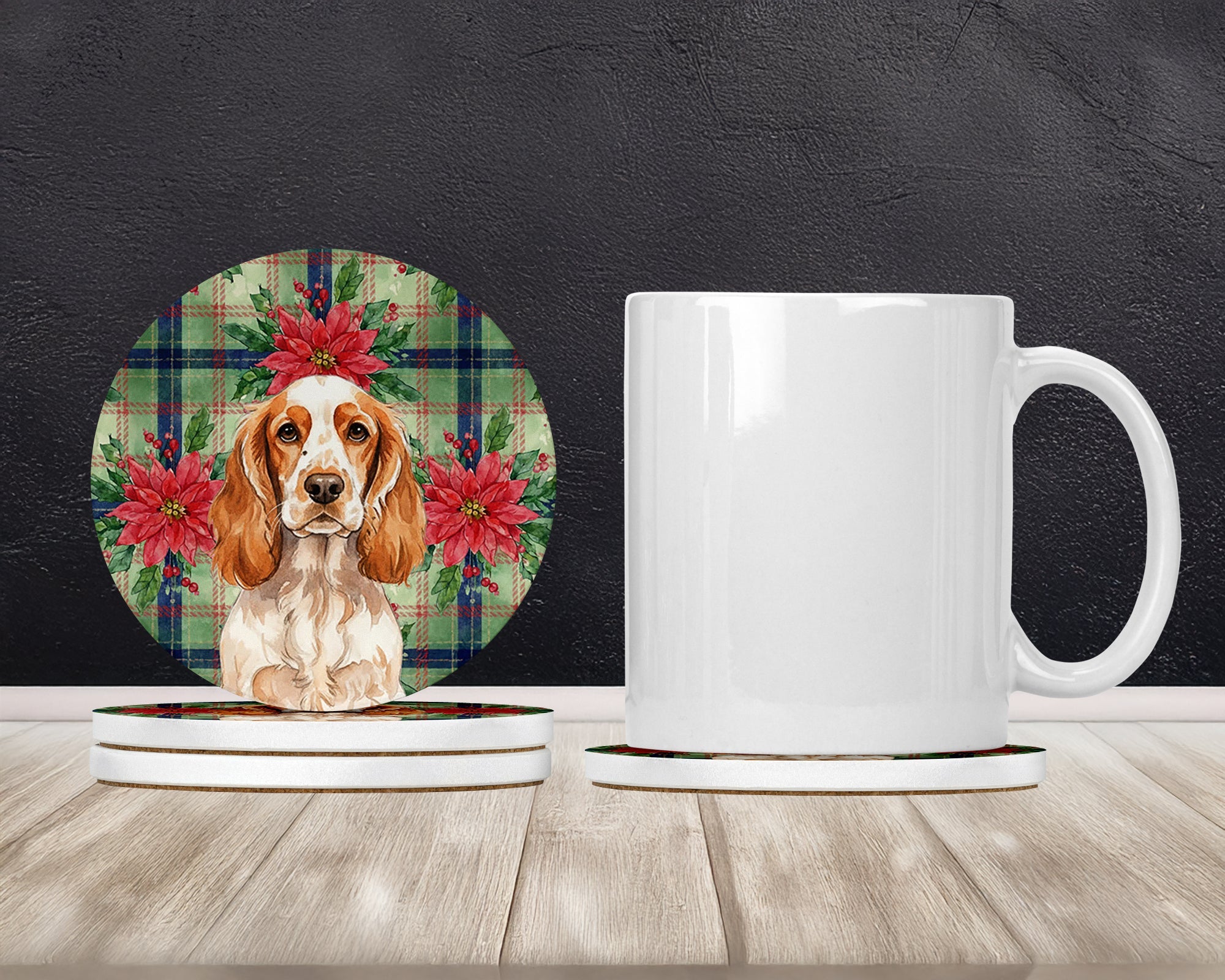Orange Roan English Cocker Spaniel Christmas PoinsettIas Large Sandstone Coasters Pack of 4 Absorbent Round Coasters Decor Gifts for Men or Women, 4 in, Multicolor