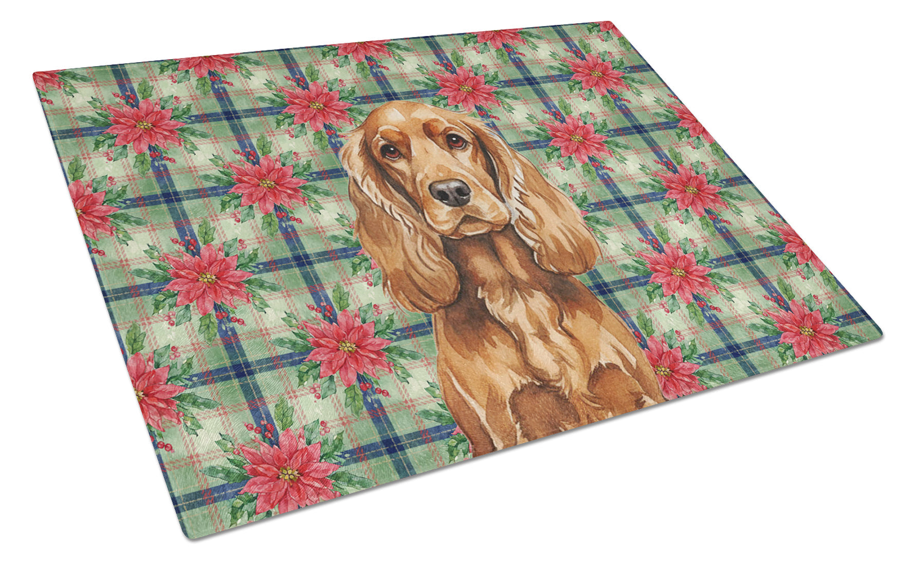 Red English Cocker Spaniel Christmas PoinsettIas Cutting Board Tempered Glass Kitchen Cutting Surface, Heat Resistant Chopping, Non-Slip Feet, Food Prep & Serving