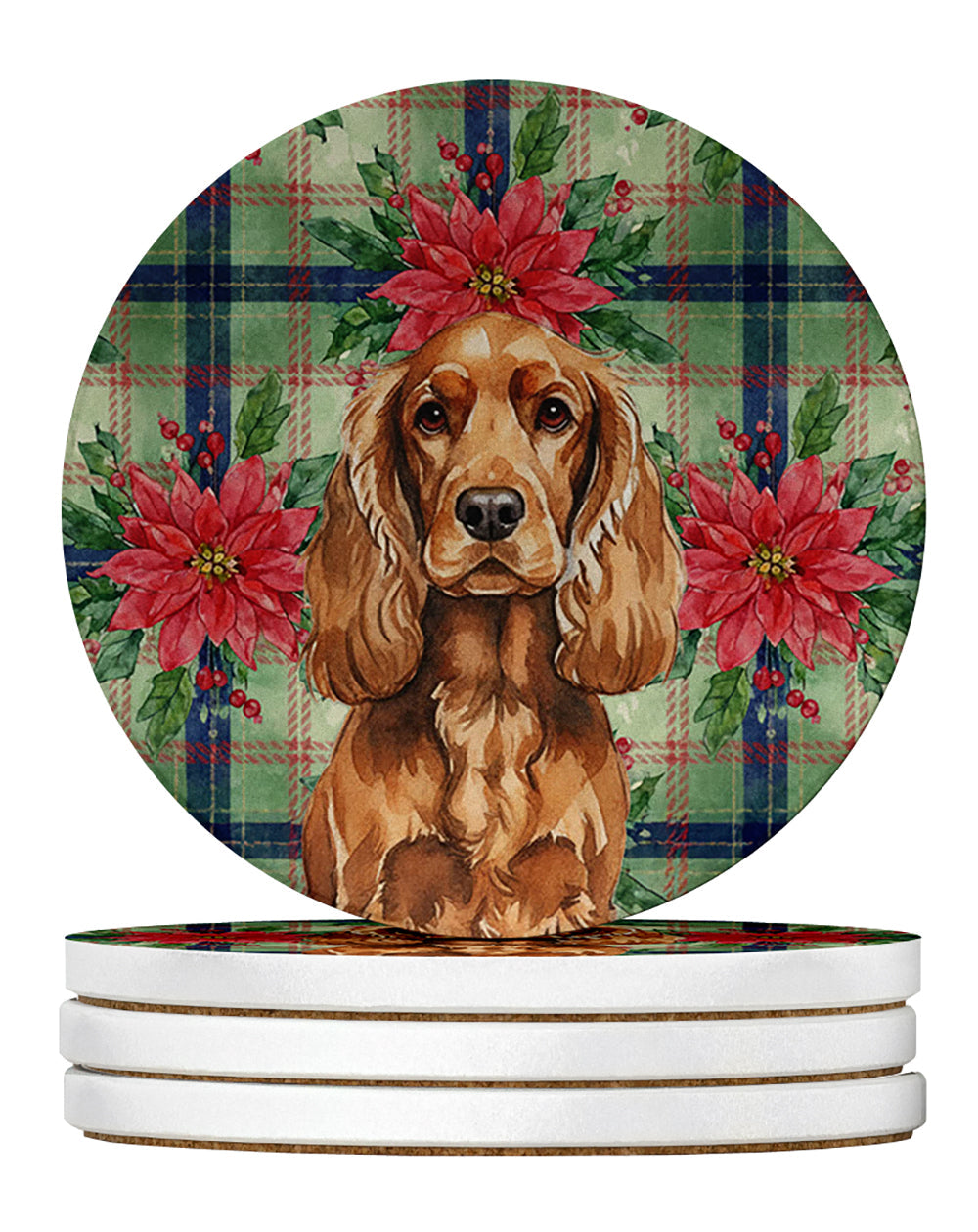 Red English Cocker Spaniel Christmas PoinsettIas Large Sandstone Coasters Pack of 4 Absorbent Round Coasters Decor Gifts for Men or Women, 4 in, Multicolor