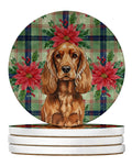 Red English Cocker Spaniel Christmas PoinsettIas Large Sandstone Coasters Pack of 4 Absorbent Round Coasters Decor Gifts for Men or Women, 4 in, Multicolor