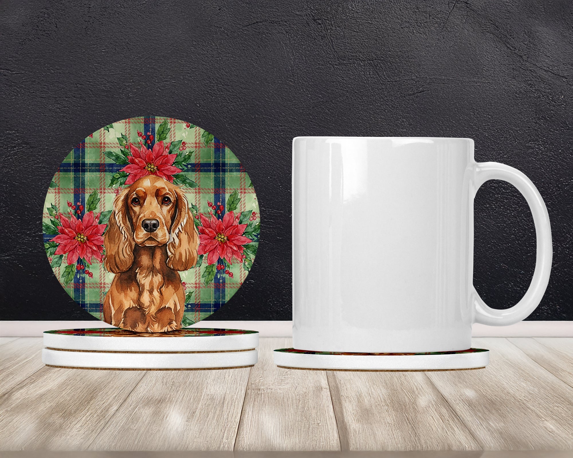 Red English Cocker Spaniel Christmas PoinsettIas Large Sandstone Coasters Pack of 4 Absorbent Round Coasters Decor Gifts for Men or Women, 4 in, Multicolor