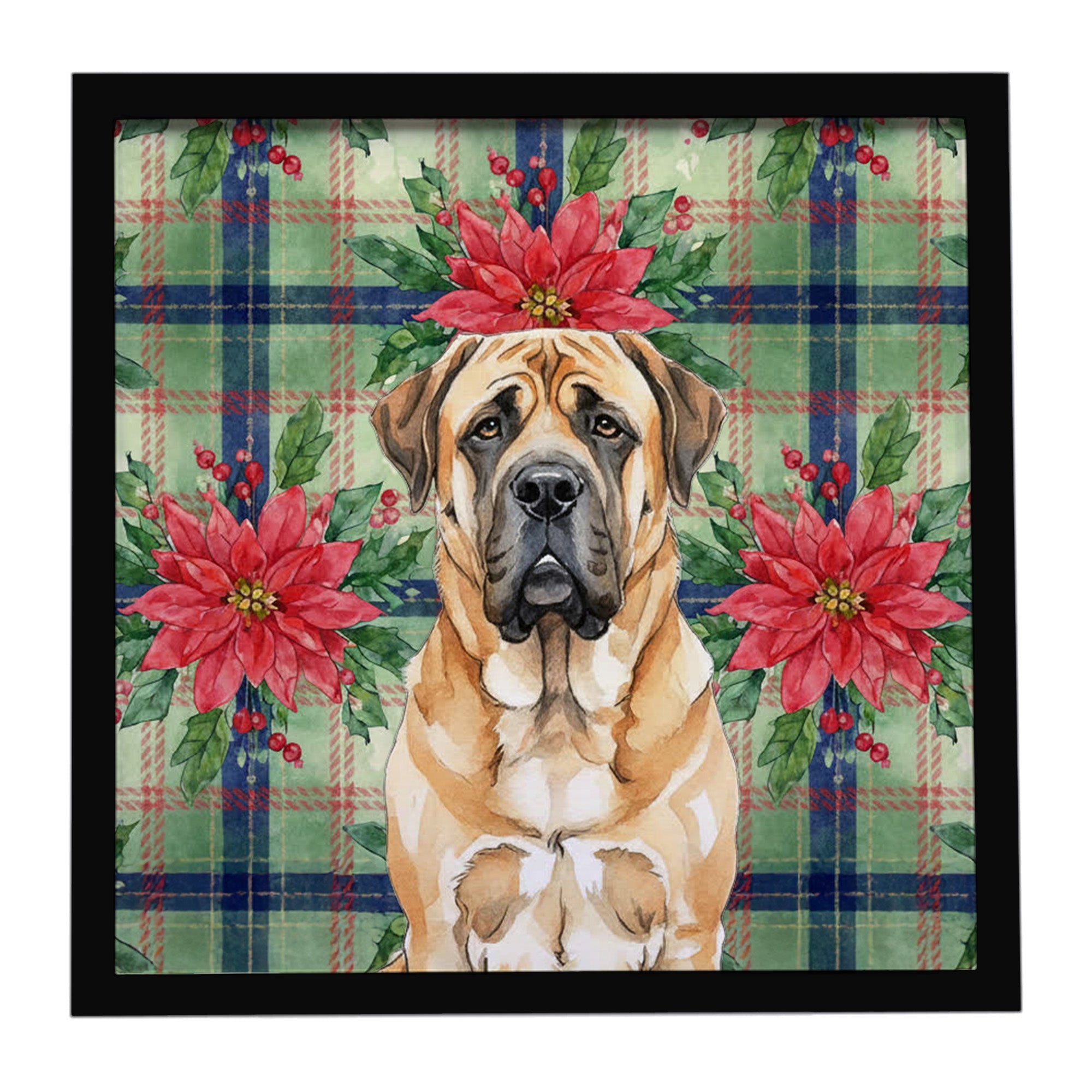 Apricot English Mastiff Christmas PoinsettIas Framed Metal Print Bathroom, Kitchen, Office, Home Decor Wall Art Ready to Hang, Square, 8X8