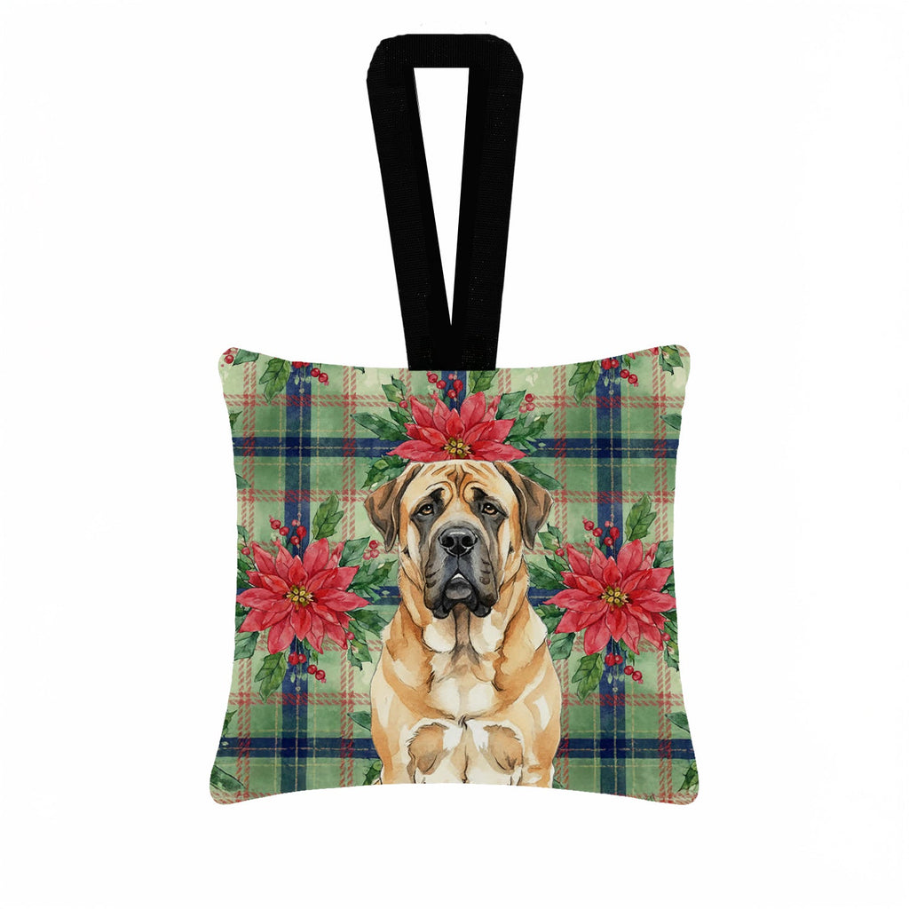 Apricot English Mastiff Christmas PoinsettIas Hanging Square Fabric Ornament 3.5 � 3.5 Decorative Door-Knob & Tree Hanger, Soft Fabric